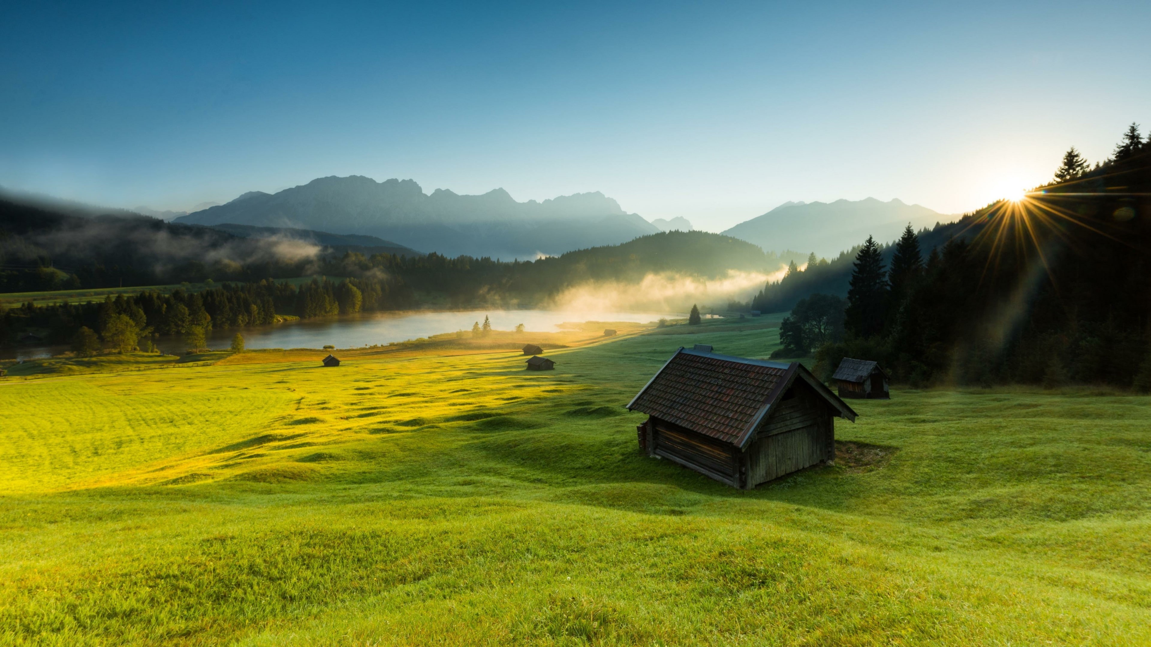 mountain range, sky, morning, pasture, grass, lake gerold, nature, 4K, meadow, mountain village, krun, karwendel mountain range, gerold lake, field, hill, HD Wallpaper