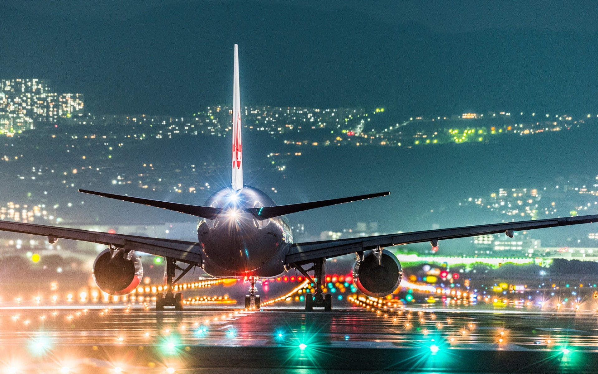 Osaka, Japan, passenger aircraft, airplane, airport, cityscape, hills, runway, 1080P, turbine, rear view, night, wings, landscape, lights, HD Wallpaper