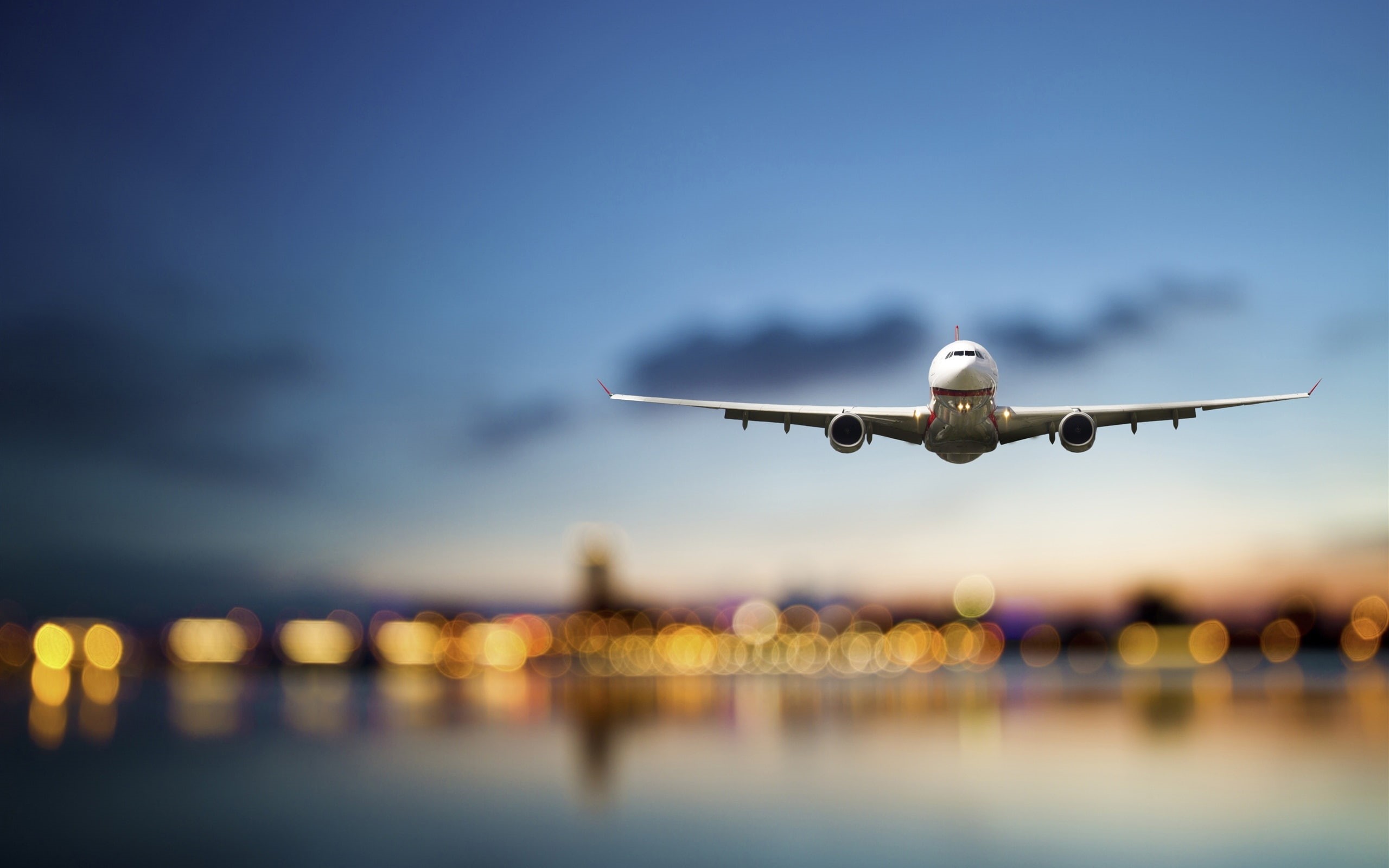 Lights, Flight, Airport, Airplane, Airliner, Evening, Sea, Passenger, 2K, HD Wallpaper