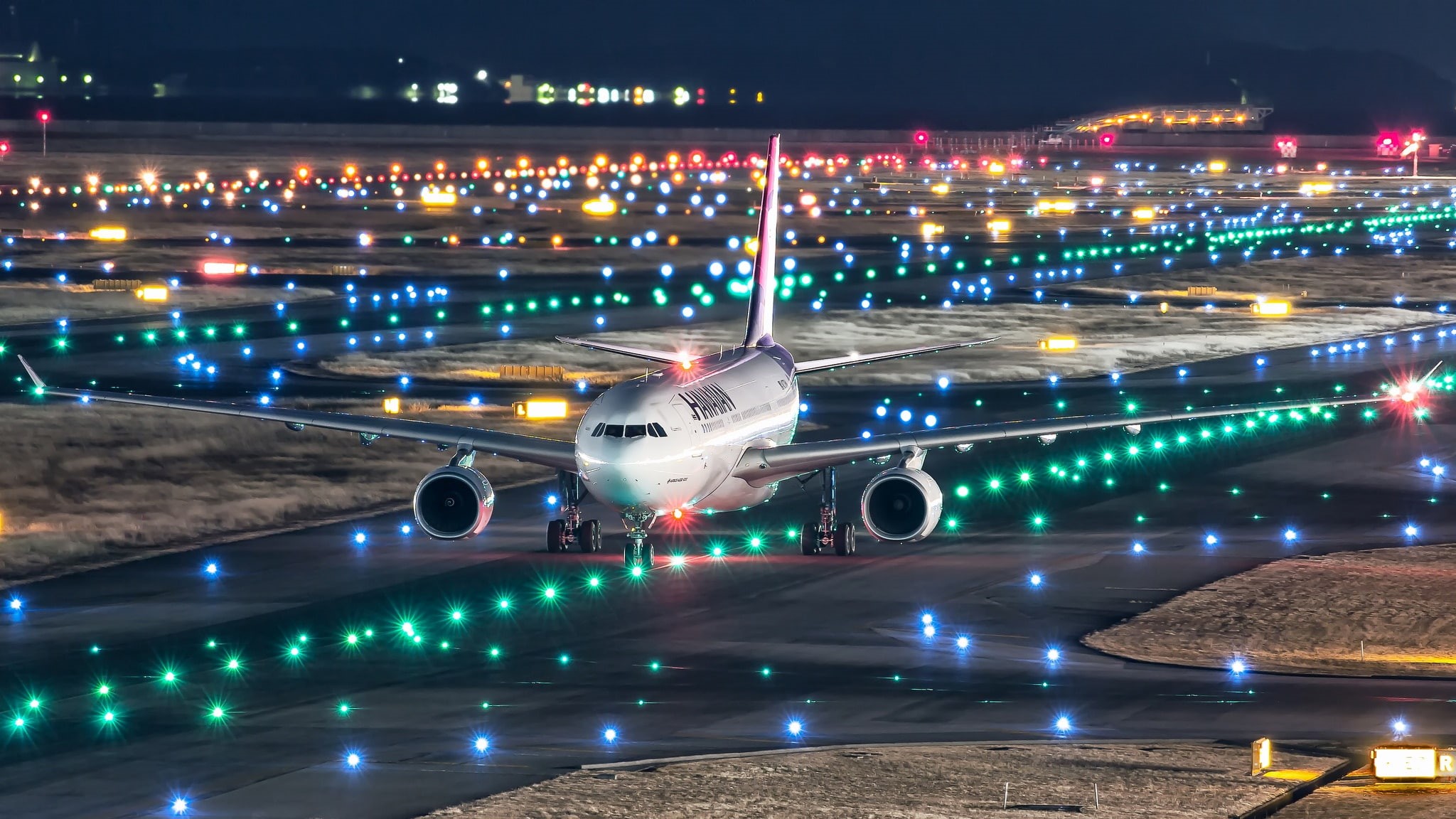 Airbus A330-200, airliner, runway, Japan, white, lights, the plane, night, 1080P, Kansai international airport, HD Wallpaper