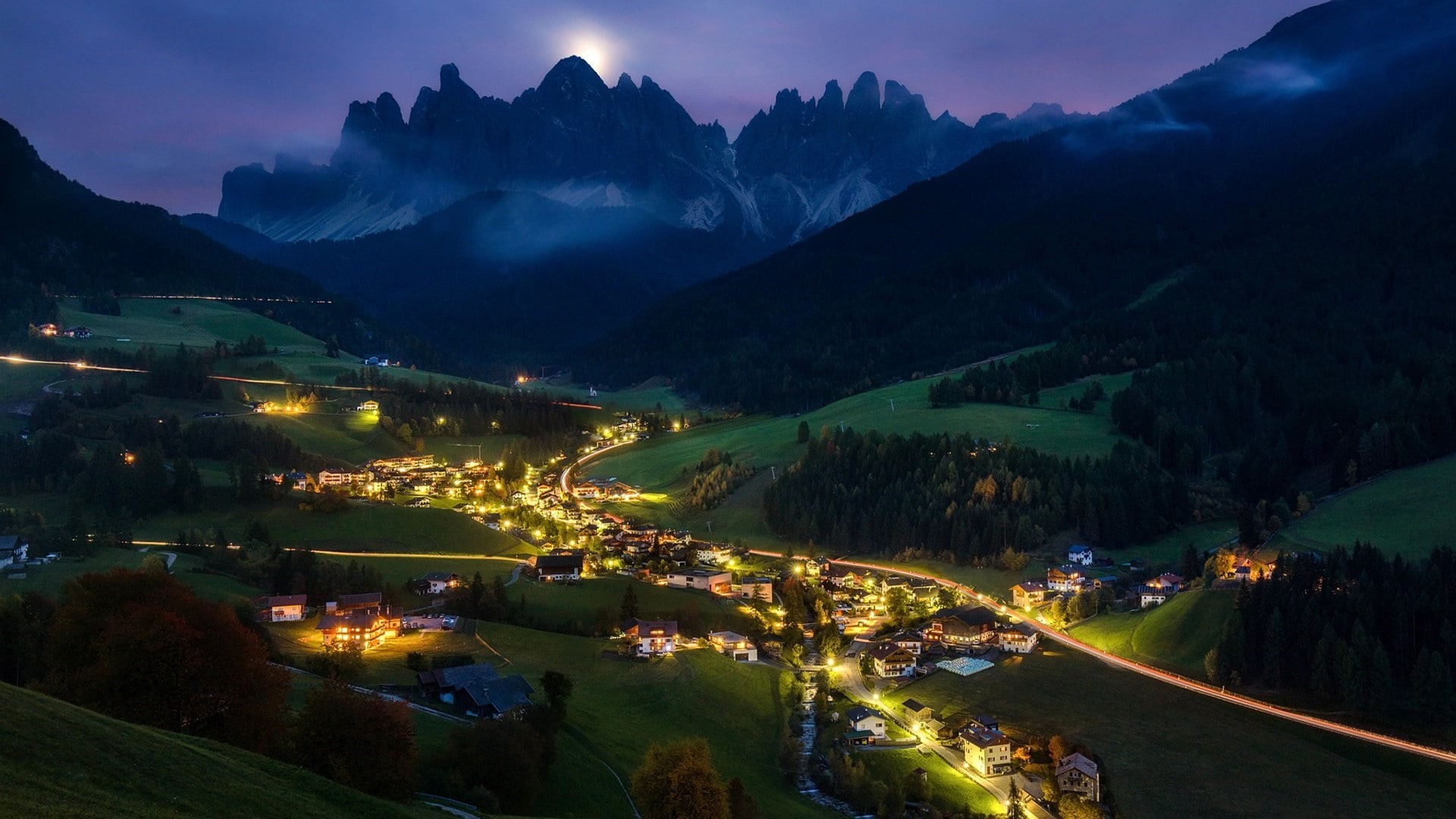 italy, scenics - nature, dolomites, funes valley, mountain village, alps, santa maddalena, highland, evening, beauty in nature, sky, tree, europe, water, HD Wallpaper