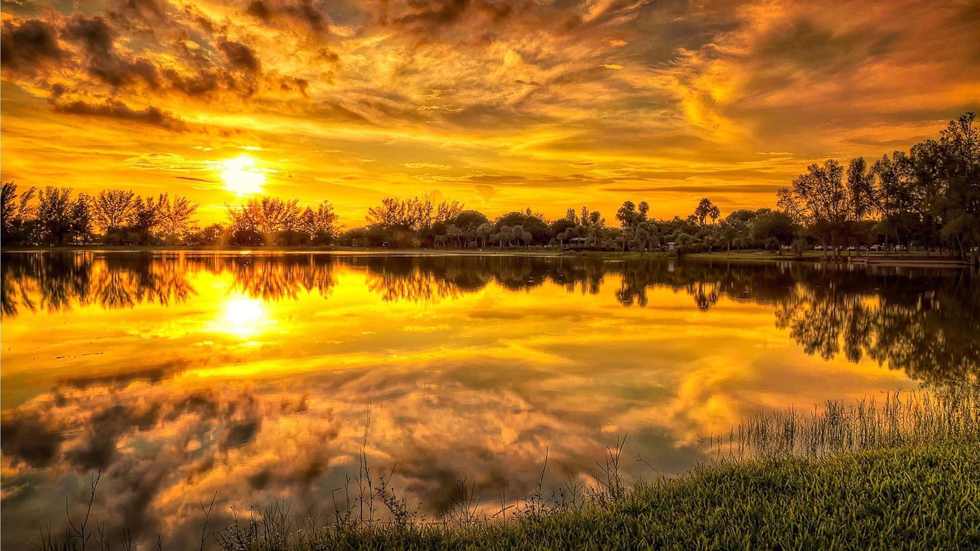 landscape, scenic, sunlight, clouds, tree, sunny, cloud, tranquility, environment, reflection, travel, summer, rural, reflection lake, scenics - nature, HD Wallpaper