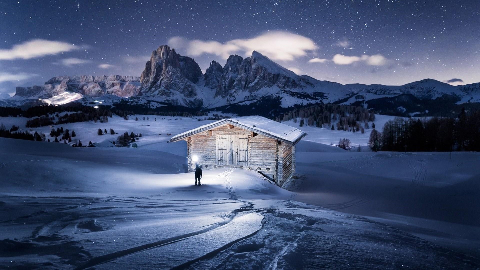 astronomy, no people, ski resort, building, alpe di siusi, mountain village, cold temperature, 1080P, chalet, starry sky, architecture, mountain range, HD Wallpaper