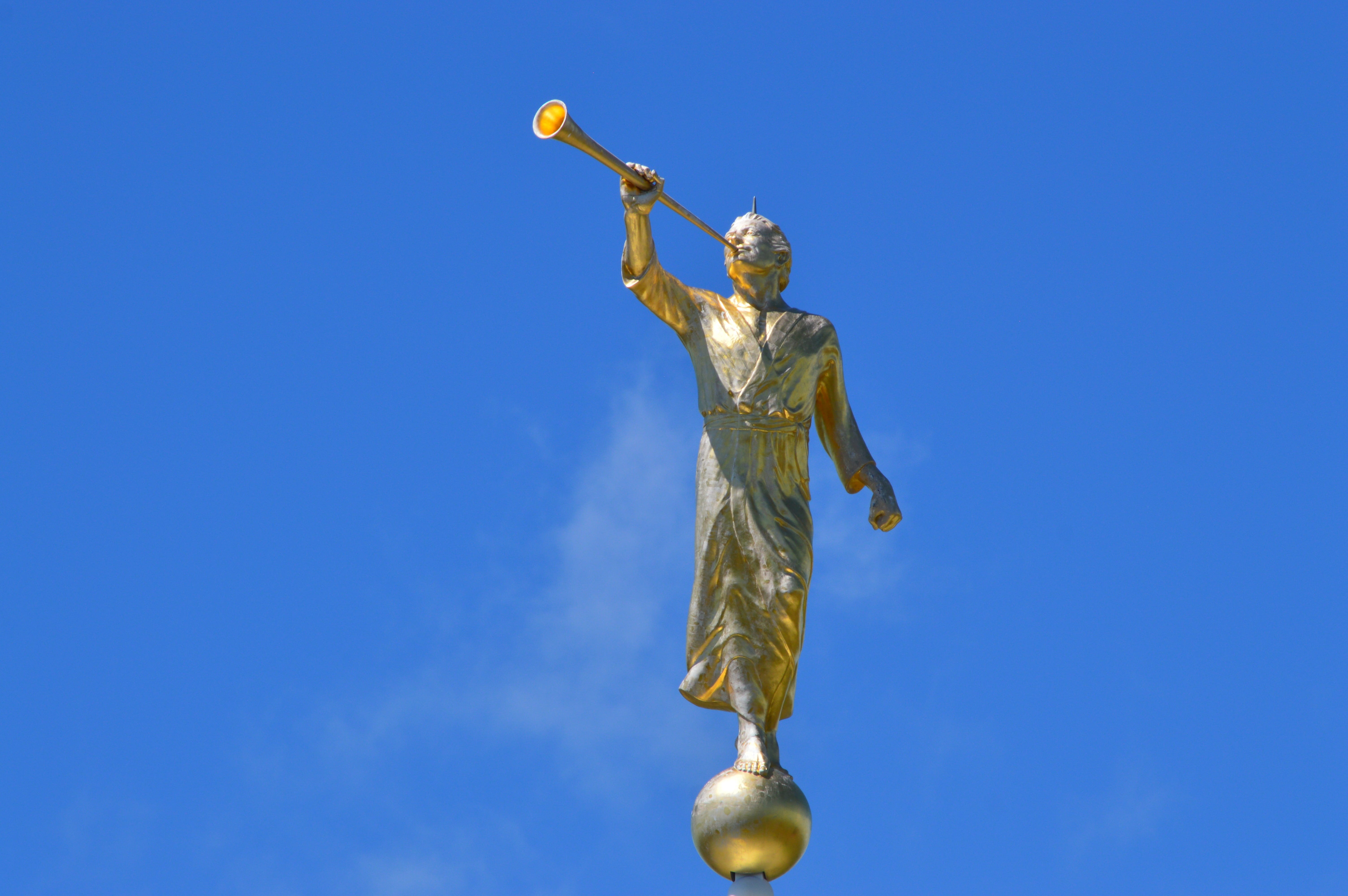 worship, creativity, sky, human representation, day, clear sky, nature, Prophet, religion, church, Moroni, blue, Statue, low angle view, representation, HD Wallpaper