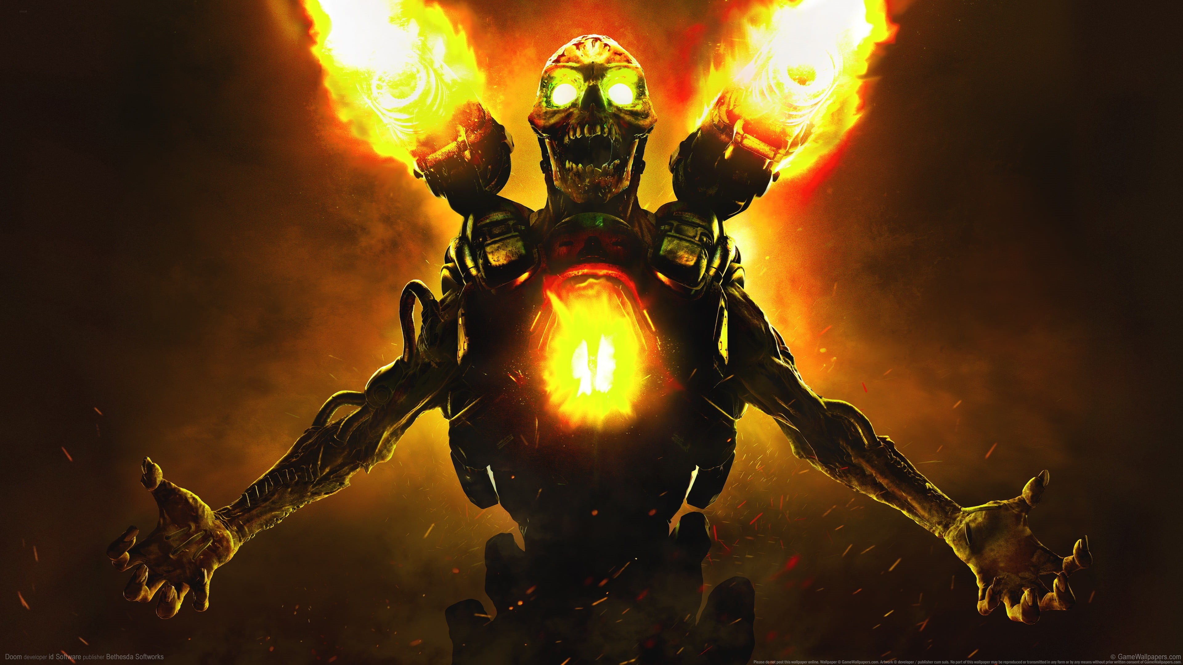 human representation, fire, representation, close-up, Doom (game), male likeness, night, sculpture, 4K, digital, illuminated, lighting equipment, creativity, HD Wallpaper