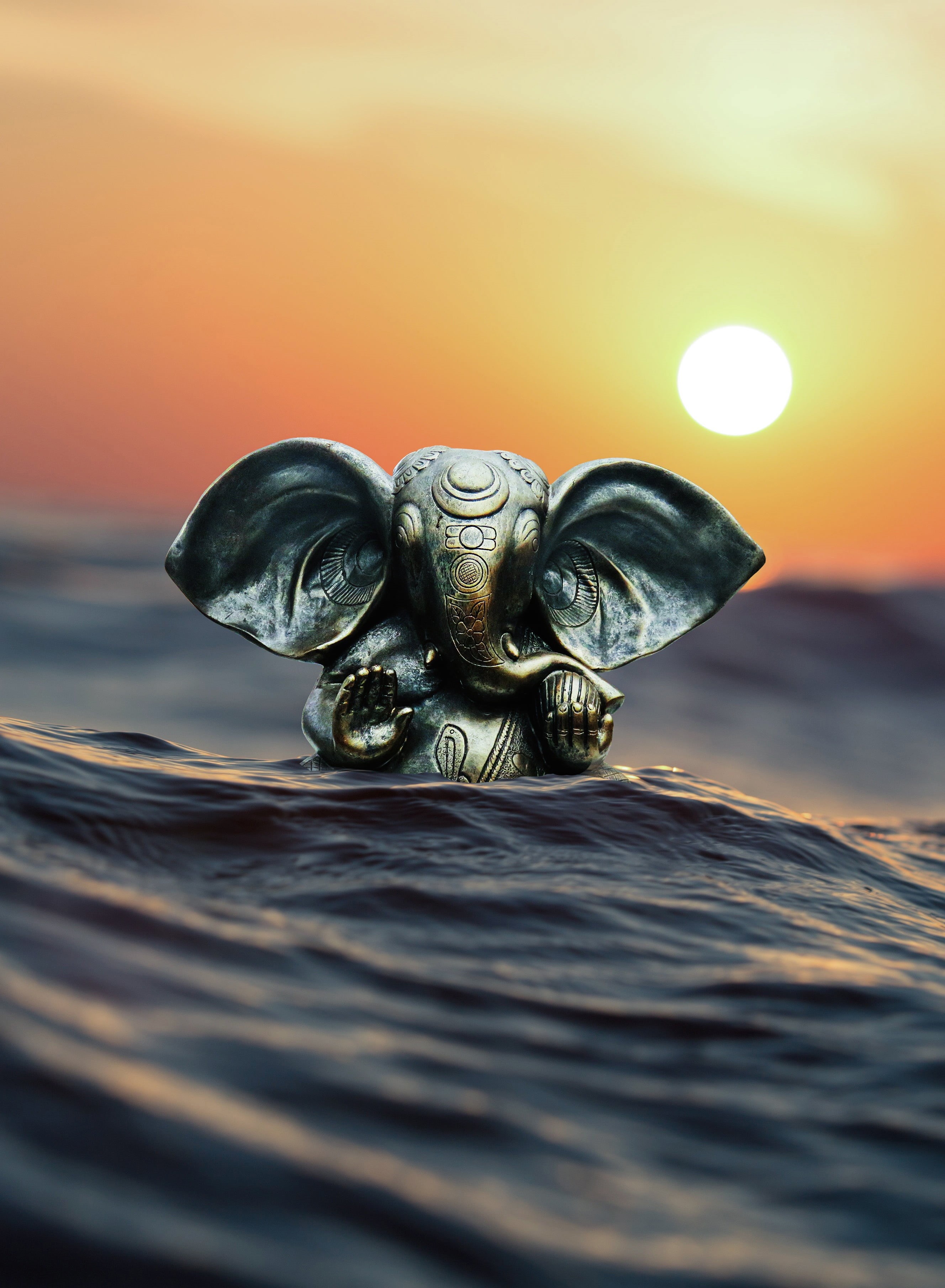 representation, close-up, ganesha, reflection, animal themes, animal wildlife, rippled, selective focus, figurine, sea, nature, outdoors, 2K, motion, water, Phone HD Wallpaper