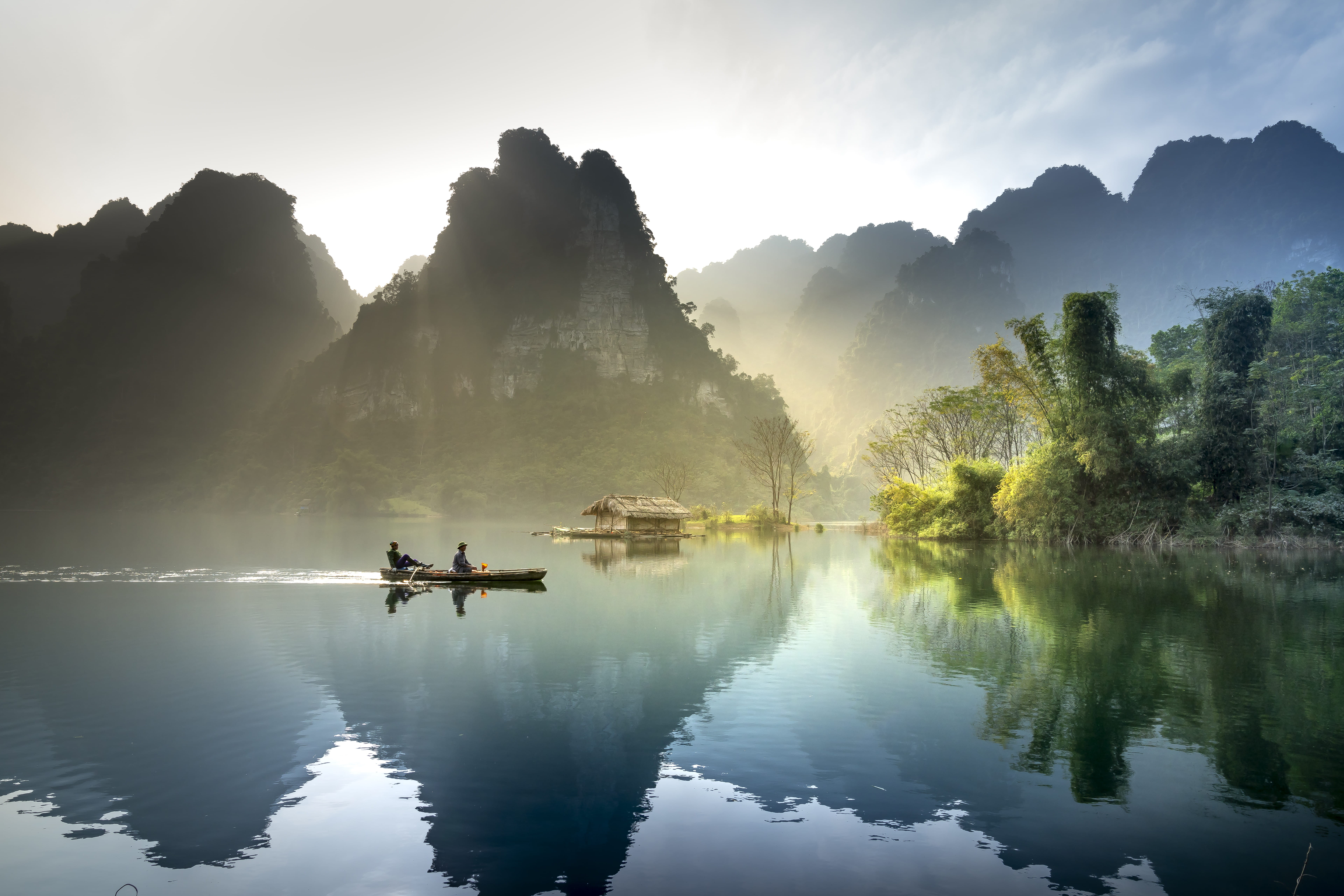 boat, mountain, water, tranquil scene, beauty in nature, foggy, plant, waterfront, nautical vessel, sky, people, nature, tranquility, men, transportation, HD Wallpaper
