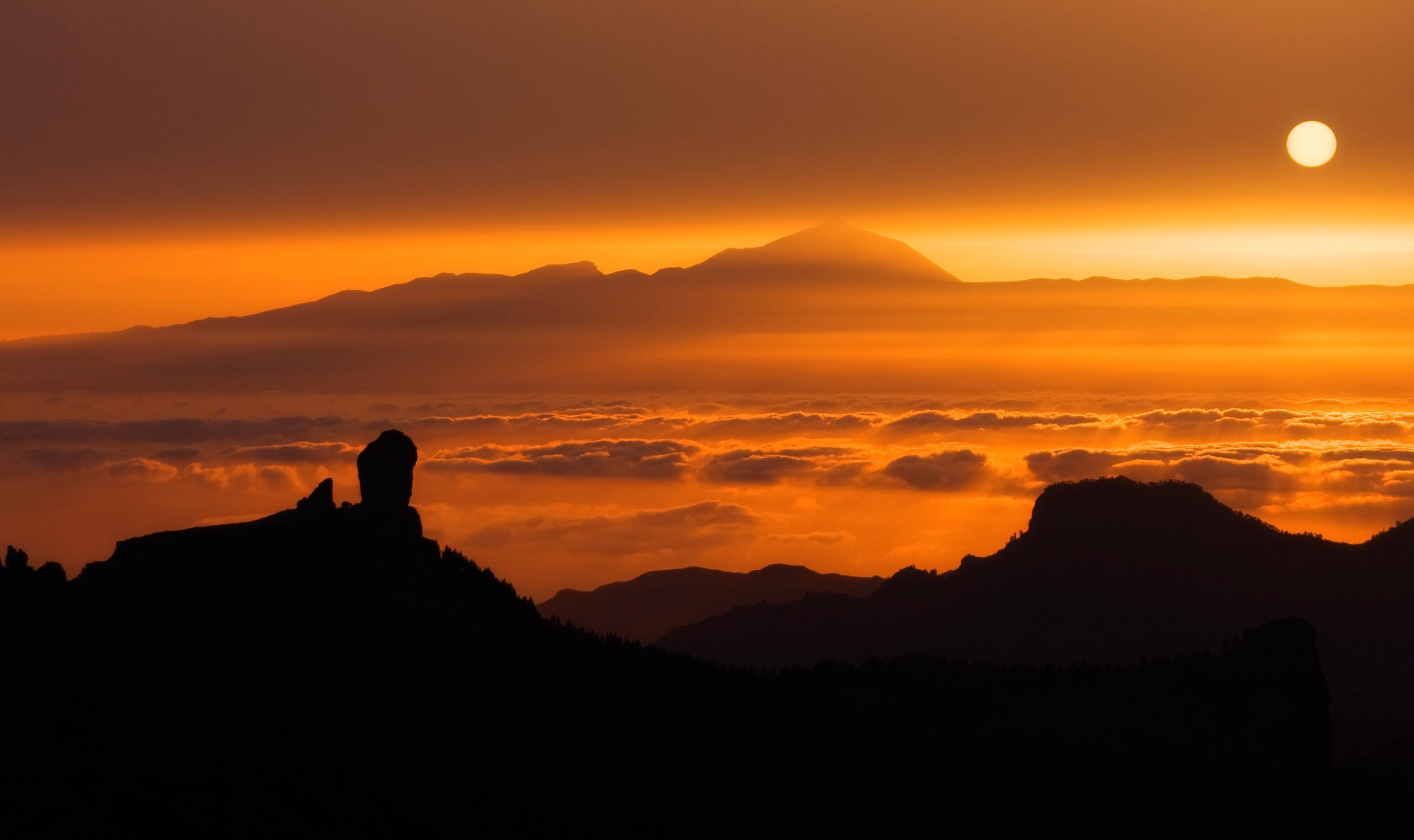 teide, sunset, nature, photo, 2K, silhouette, el, scenics, golden, hour, landscape, mountain, HD Wallpaper