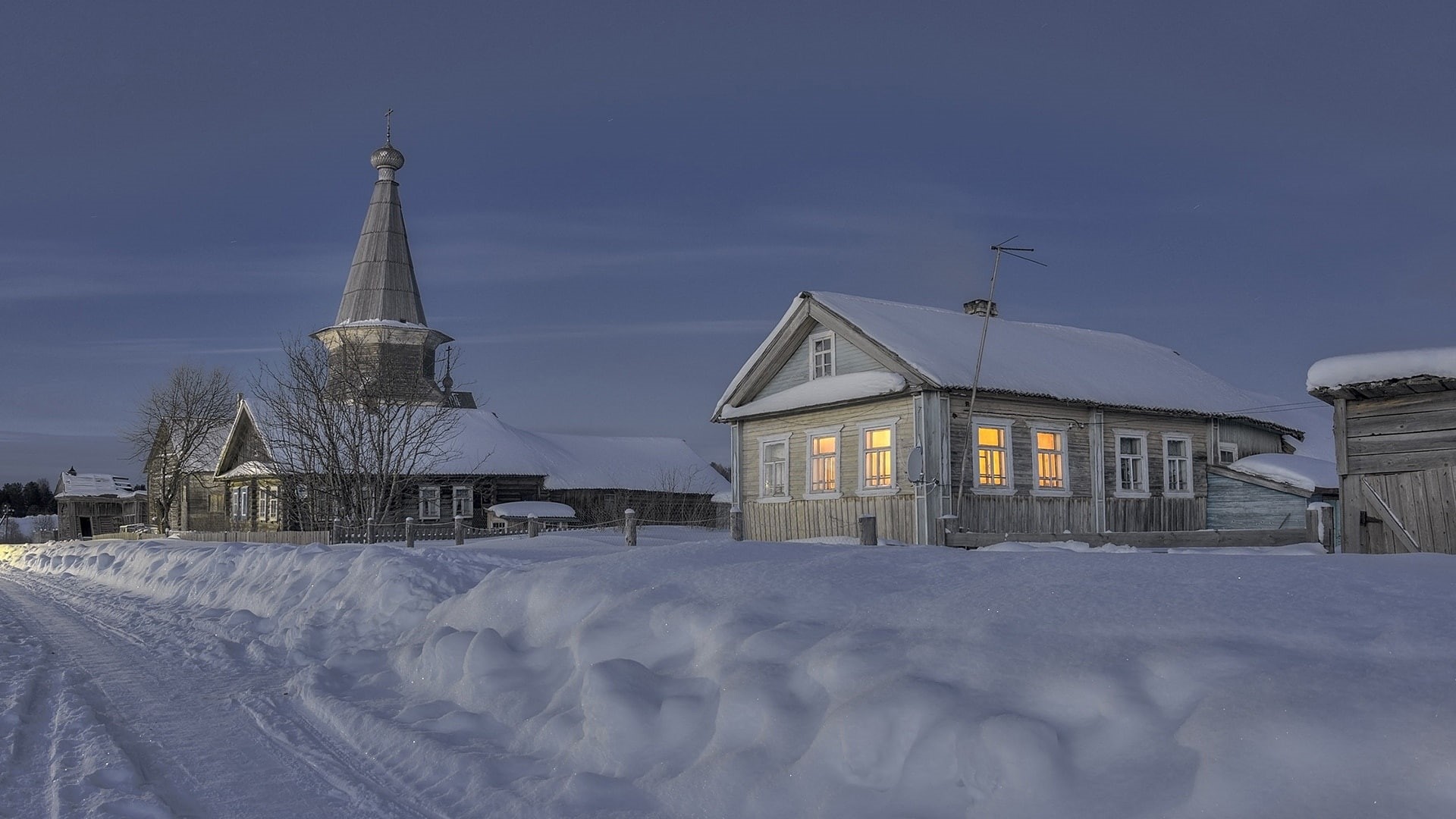 church, snow, ice, place of worship, house, 1080P, winter, evening, village, HD Wallpaper