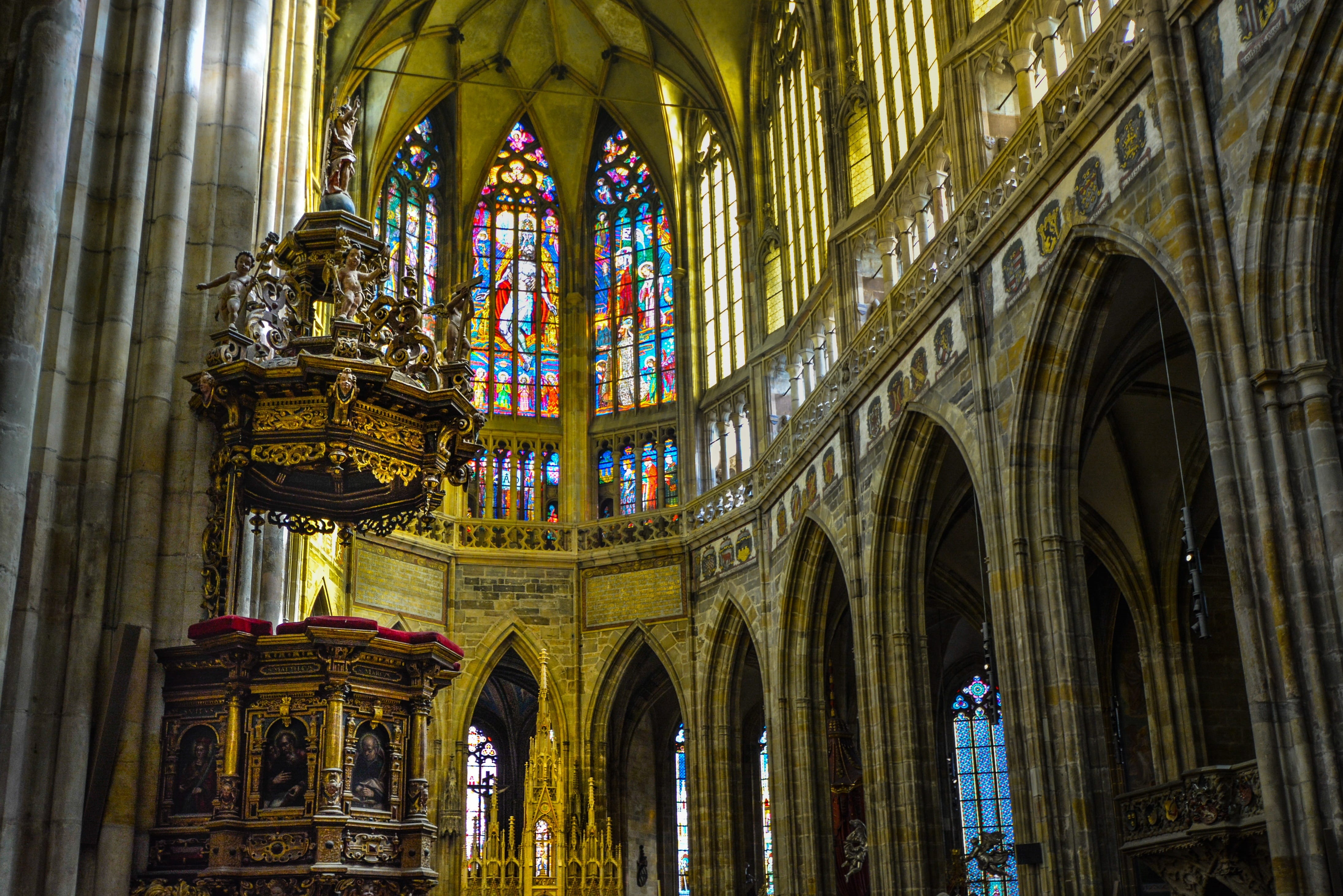 czech, architecture, religion, stained Glass, indoors, ornate, Cathedral, window, medieval, famous Place, building, ceiling, low angle view, praha, gothic Style, HD Wallpaper