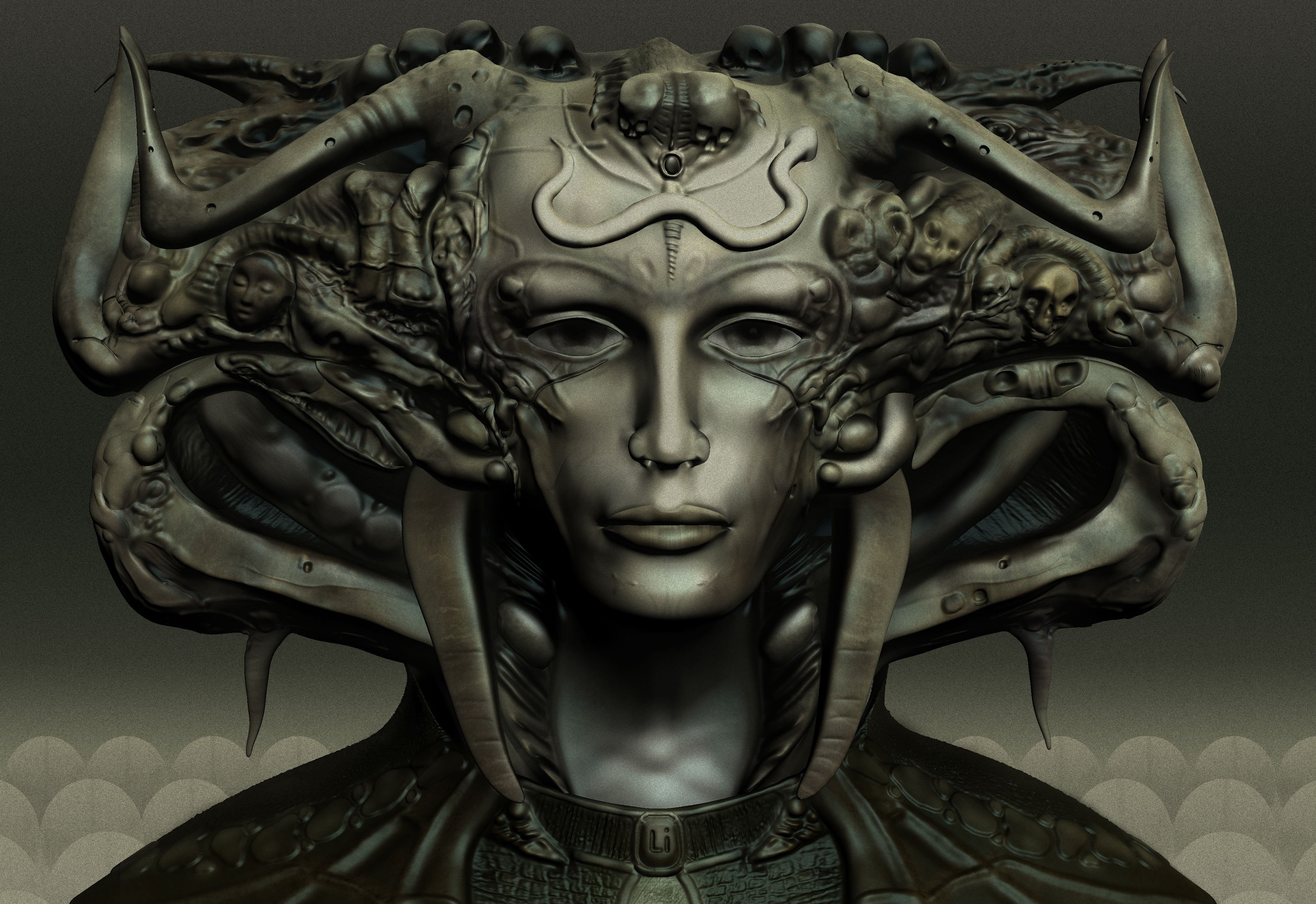 pattern, metal, demon - fictional character, artistic, sculpture, craft, indoors, male likeness, artwork, Evil, sci, close-up, fantasy, art and craft, Dark, HD Wallpaper