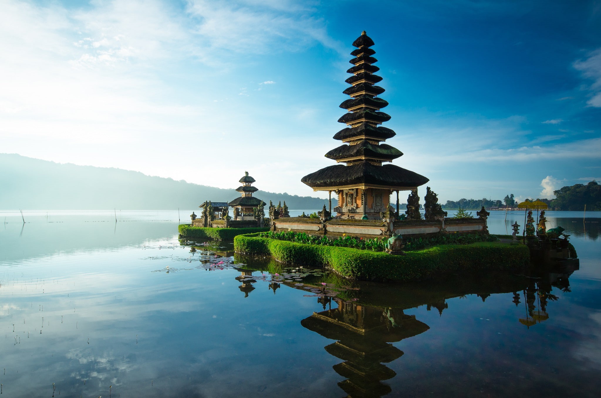 Bali, mountains, plants, water, reflection, 1080P, leaves, photography, HD Wallpaper