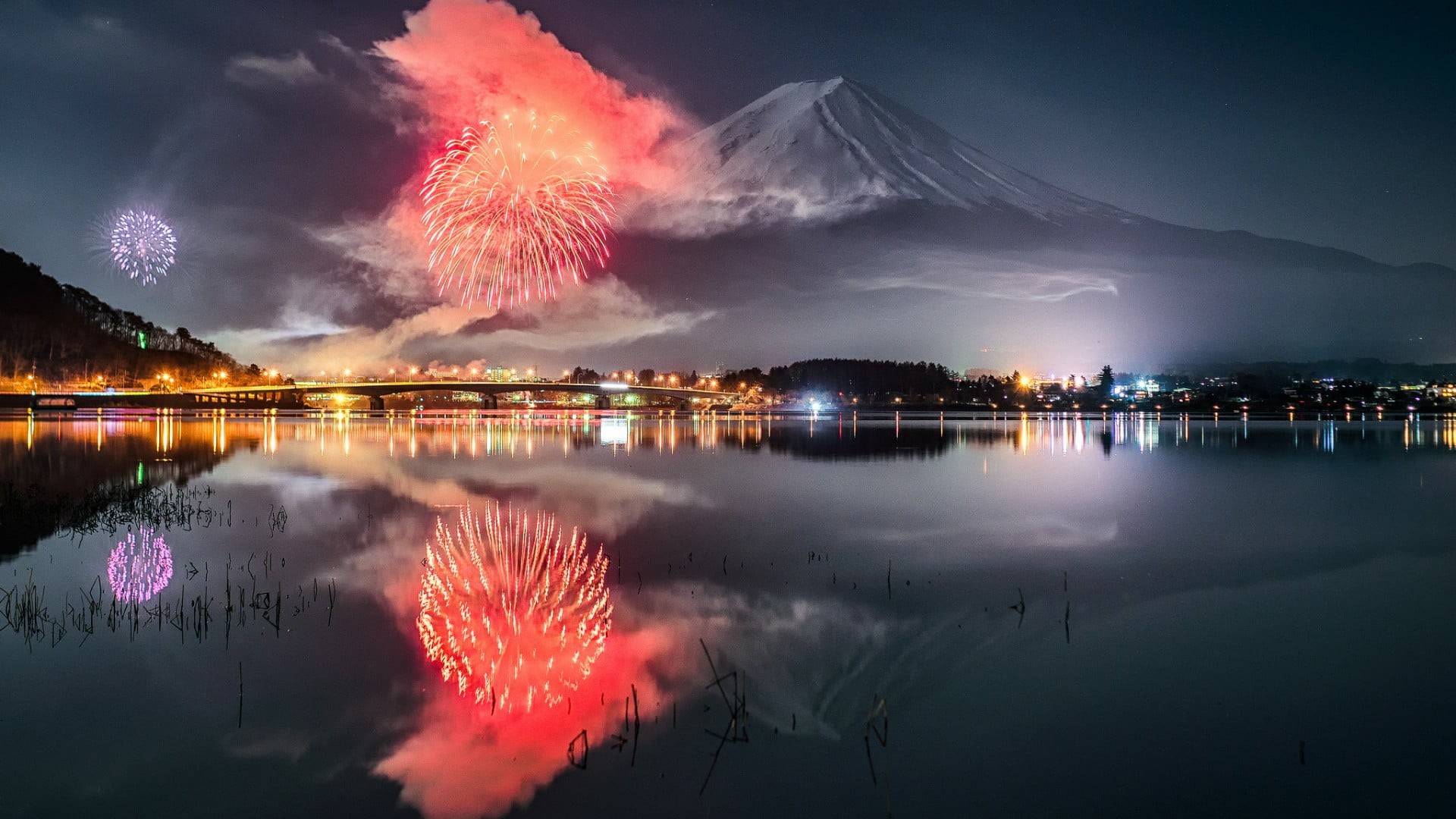 mount fuji, arts culture and entertainment, festival, water, outdoors, no people, exploding, event, celebration, motion, asia, japan, lake, sky, evening, HD Wallpaper