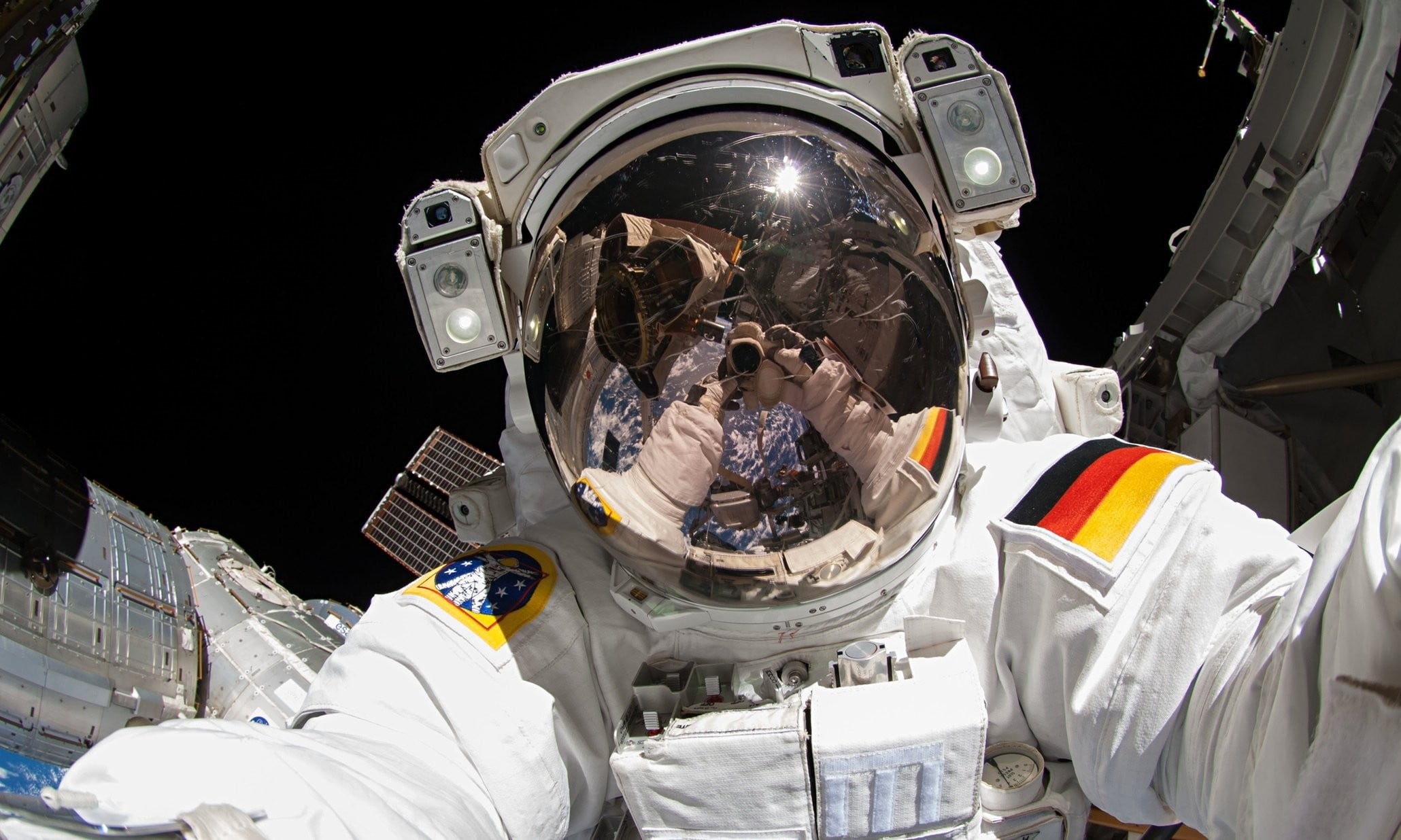 astronaut, outer, camera, healthcare and medicine, men, taking, women, people, German, International Space Station, selfies, space suit, real people, mode of transportation, HD Wallpaper