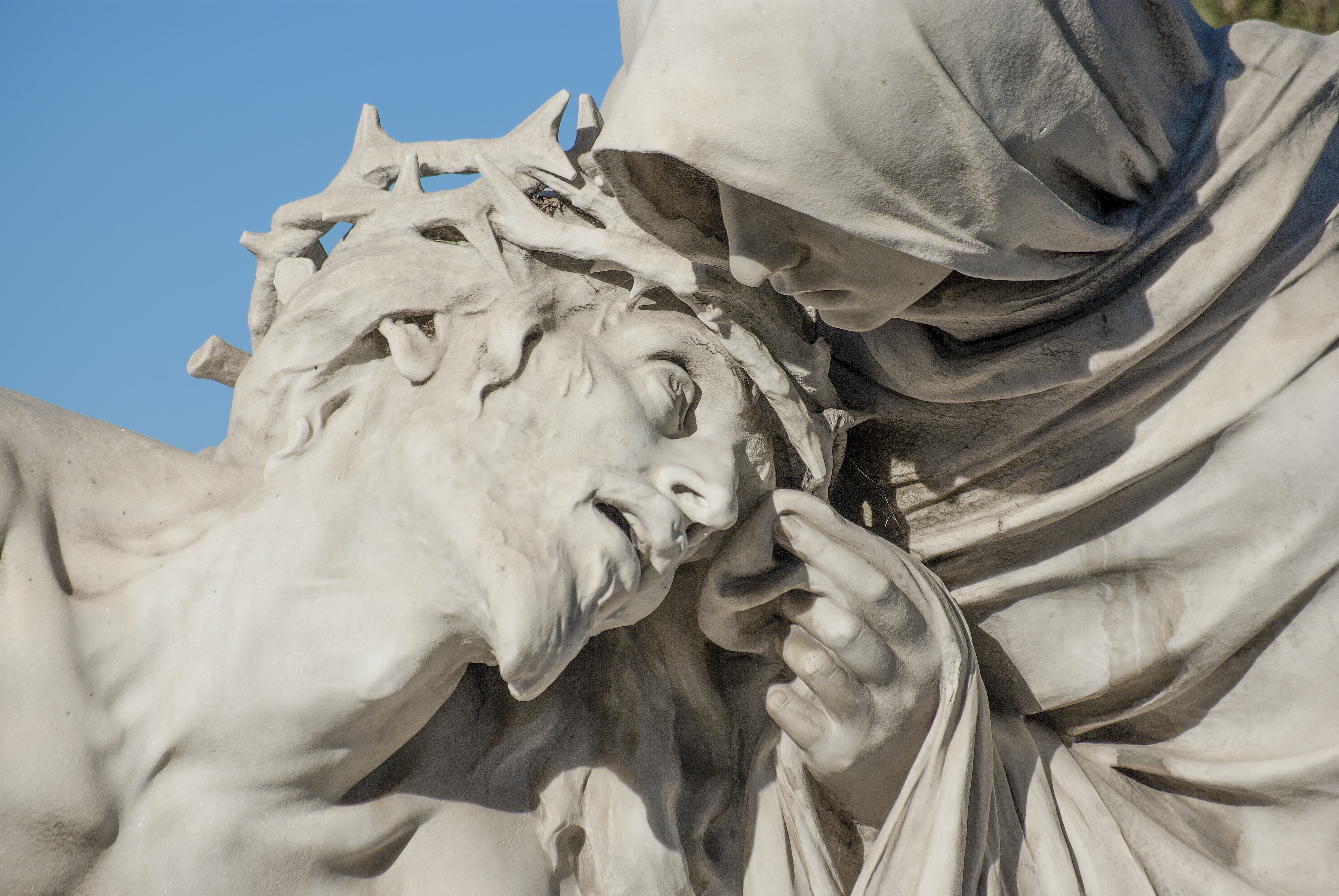 sculpture, low angle view, spirituality, female likeness, church, mary, architecture, basilique, Christ, creativity, sky, art and craft, Pieta, representation, HD Wallpaper