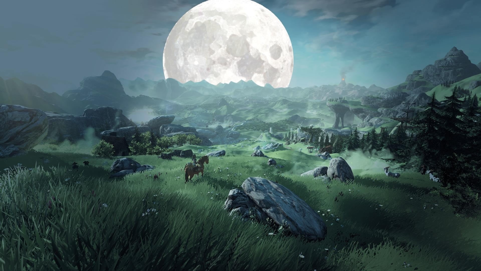Moon, plant, horse, green color, tranquil scene, group of animals, scenics - nature, painting, non-urban scene, grass, standing, tranquility, idyllic, no people, HD Wallpaper