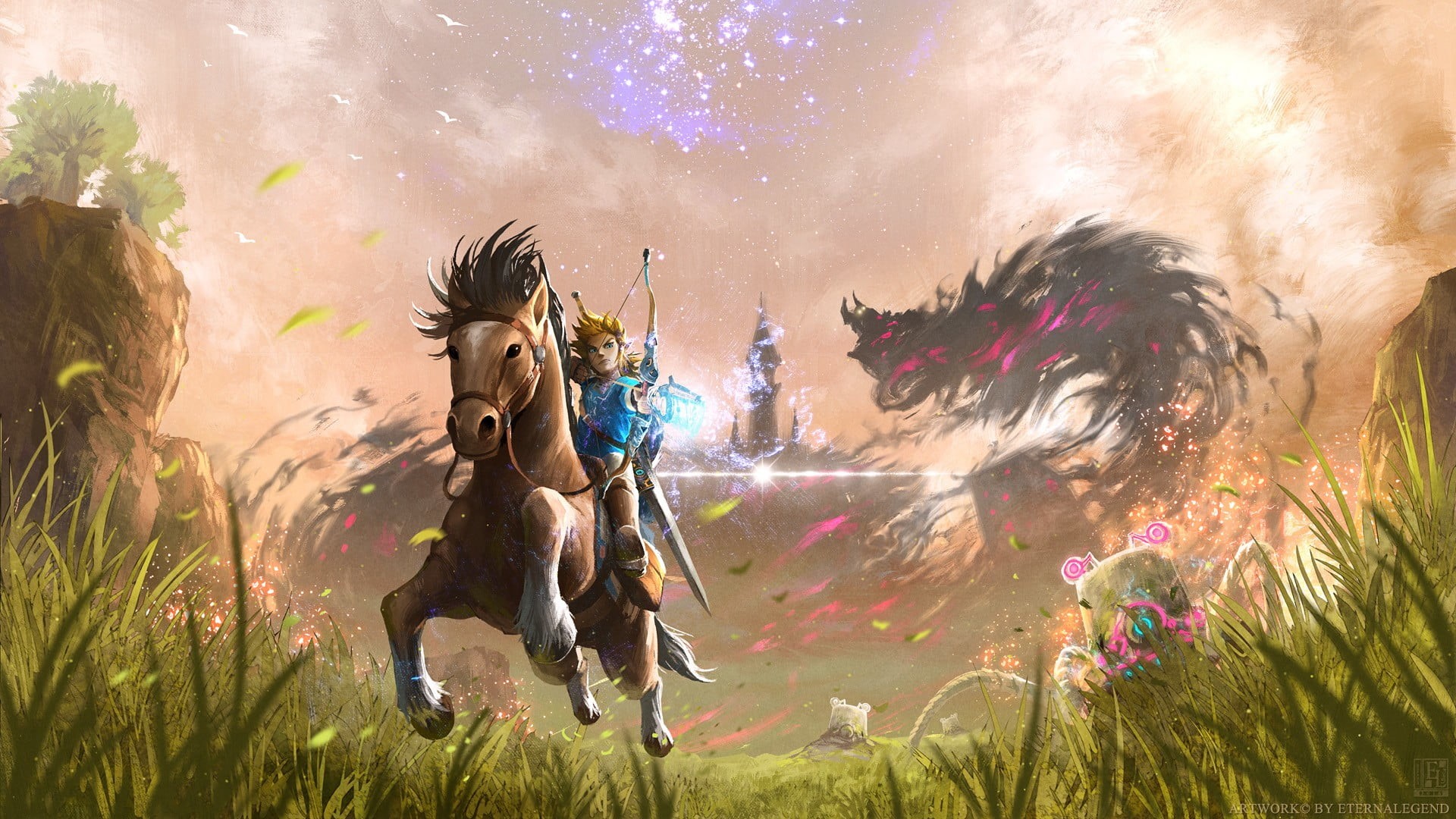 people, sunlight, creativity, art and craft, riding, sky, Link, nature, land, multi colored, archer, plant, outdoors, Nintendo, tree, The Legend of Zelda, HD Wallpaper