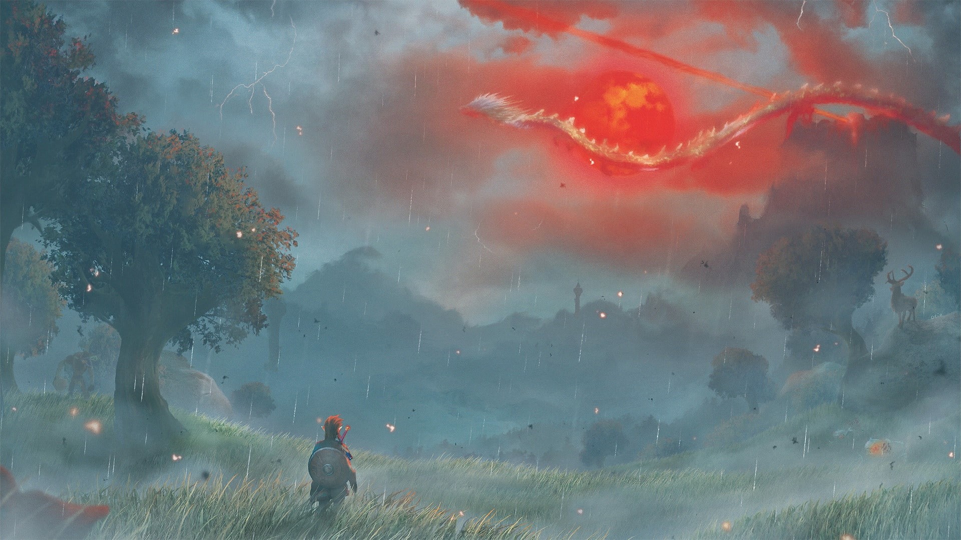 The Legend of Zelda: Breath of the Wild, Zelda, Fantasy, Dinraal (The Legend of Zelda), 1080P, Painting, Link, HD Wallpaper
