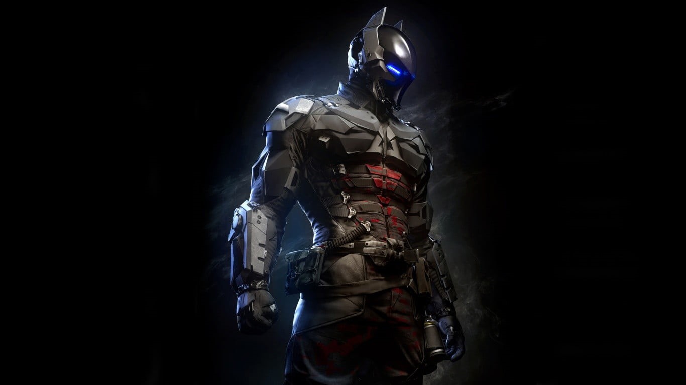 high angle view, 720P, Gotham City, black background, Batman: Arkham Knight, Batman, skill, dc, helmet, clothing, headwear, indoors, standing, one person, HD Wallpaper