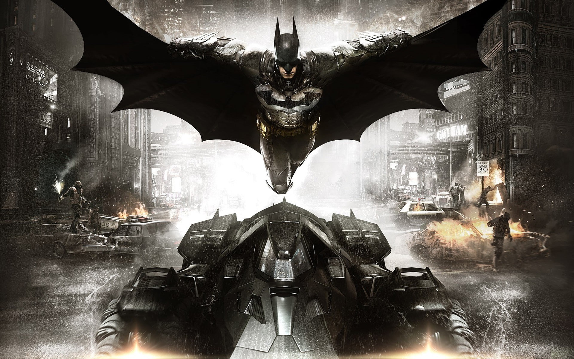 city, cape, houses, Batman: Arkham Knight, Defender, fighter, smoke, steel, Rocksteady Studios, Bruce Wayne, Warner Bros. Interactive Entertainment, flight, HD Wallpaper