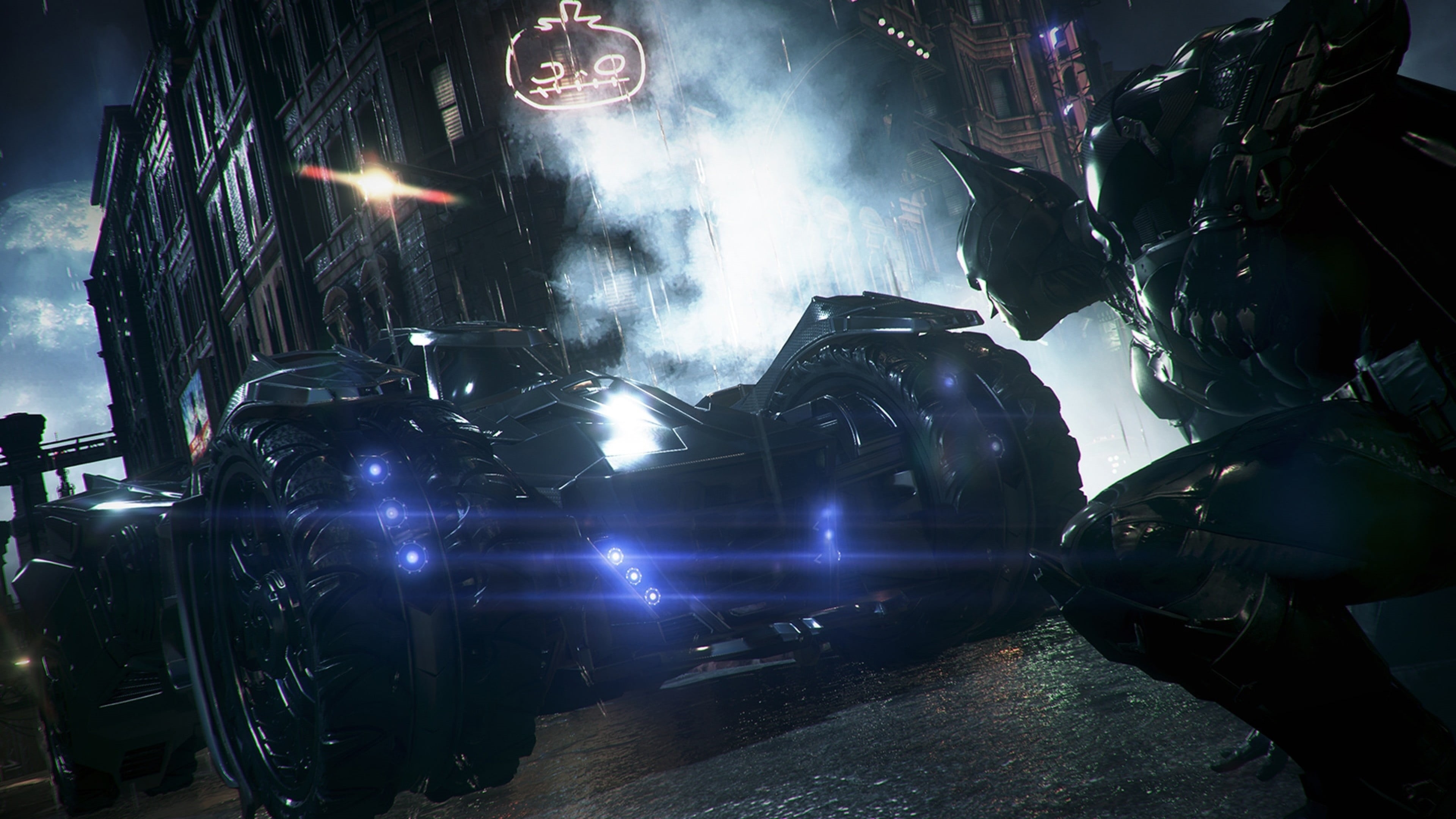 garage, city, illuminated, motion, mode of transportation, transportation, illustration, night, smoke - physical structure, architecture, Rocksteady Studios, HD Wallpaper