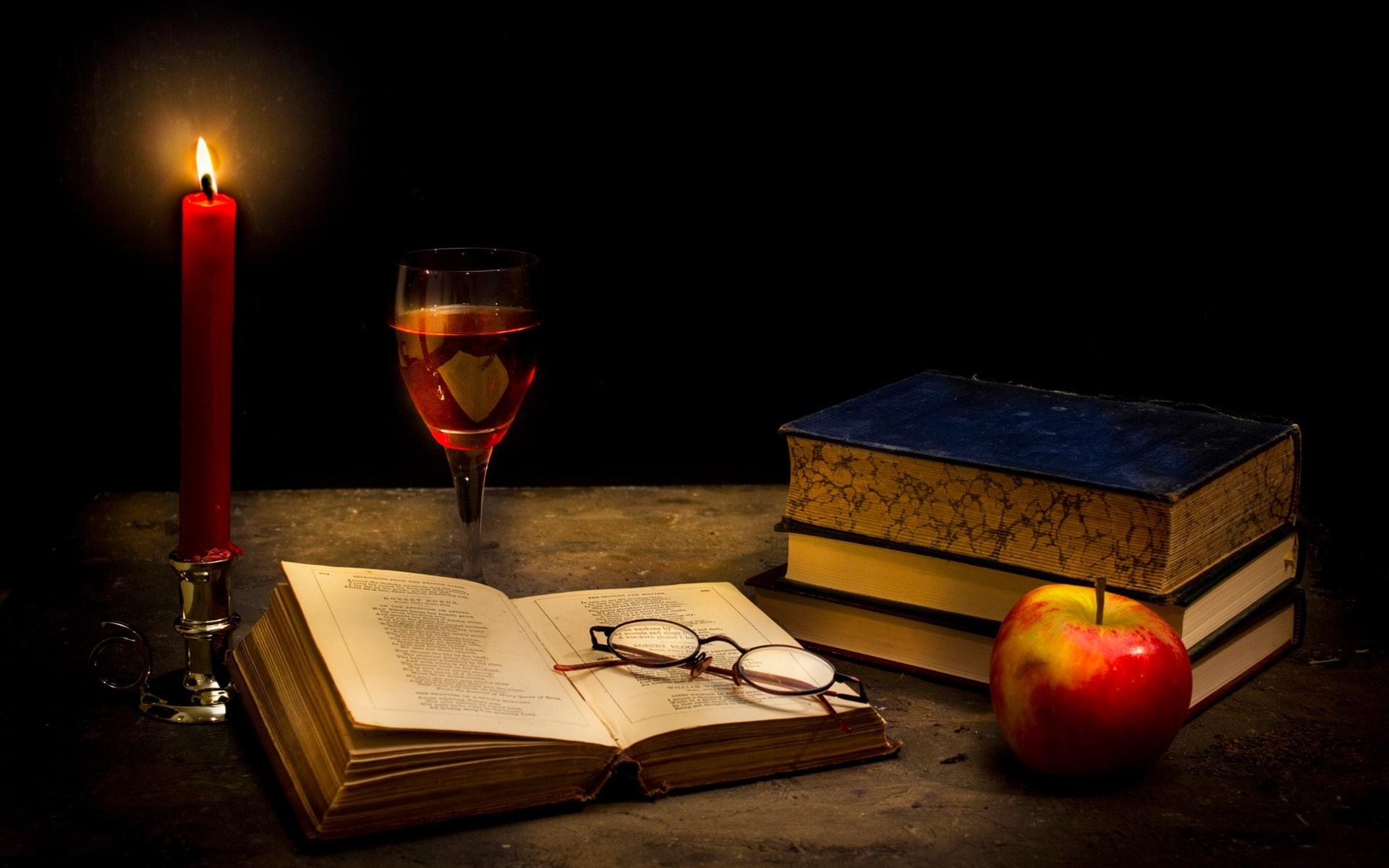 Candle, Apple, Glass, Books, Tranquillity, Dark, 1080P, HD Wallpaper