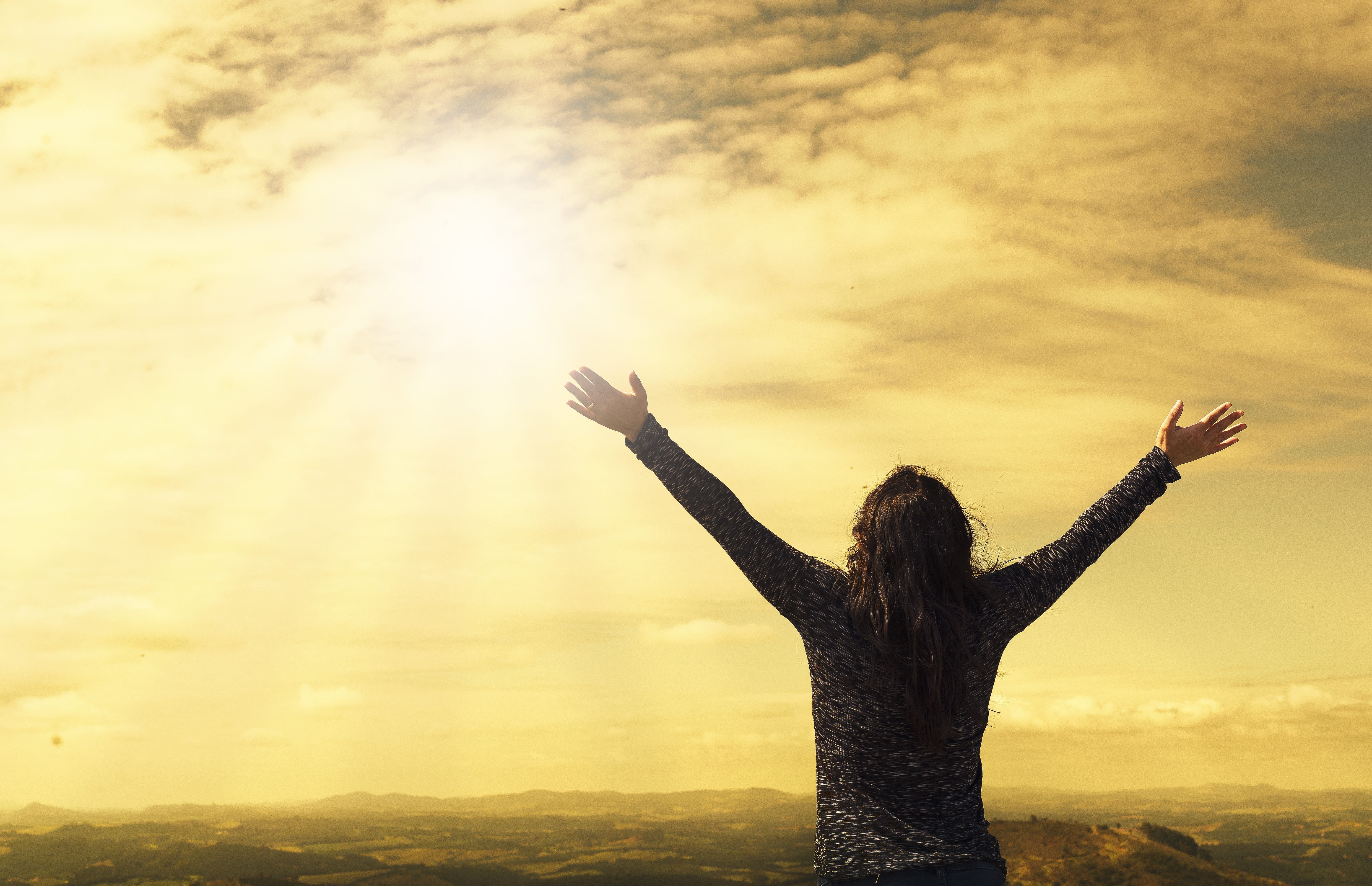 asking god, arms outstretched, peace, human limb, hope, sunlight, sky, rear view, praise, freedom, adult, standing, wearing, cloud - sky, real people, lifestyles, HD Wallpaper