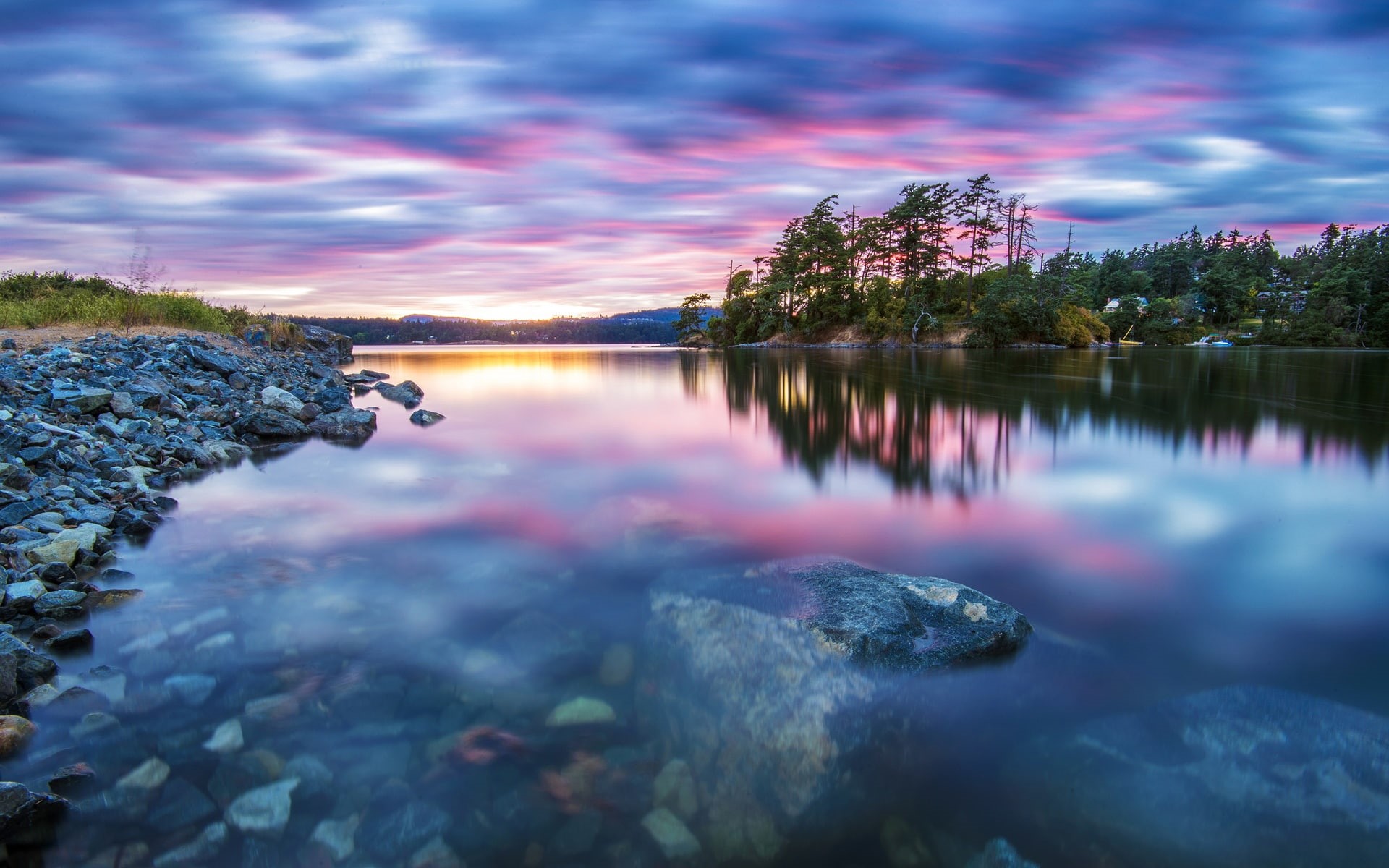 Scenery, Nature, 1080P, Stones, Water, Tranquility, Trees, shallow, clear, Sunset, Lake, HD Wallpaper