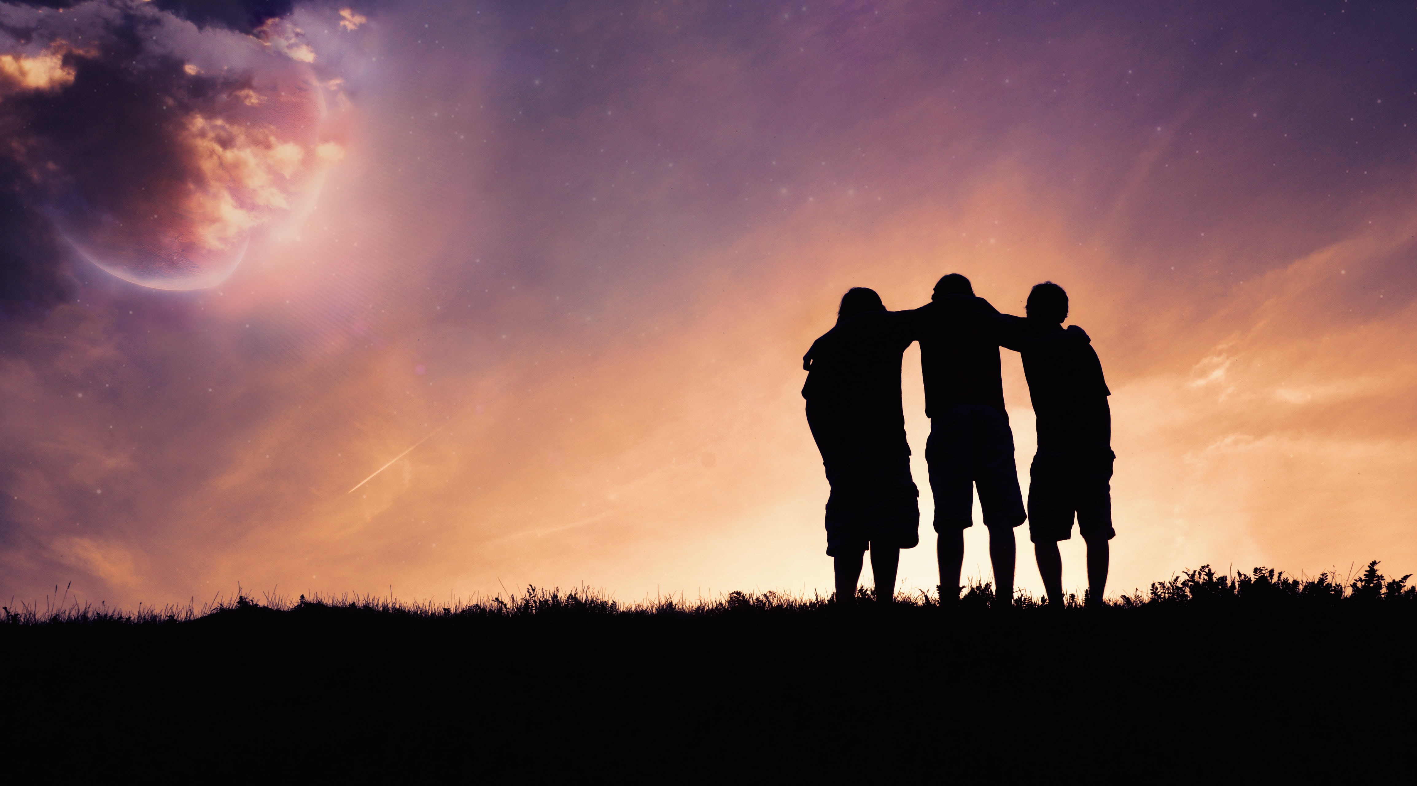 males, togetherness, son, top, silhouette, clouds, night, outdoors, sunset, love, grass, leisure activity, hill, nature, cloud - sky, sky, land, 4K, three, HD Wallpaper