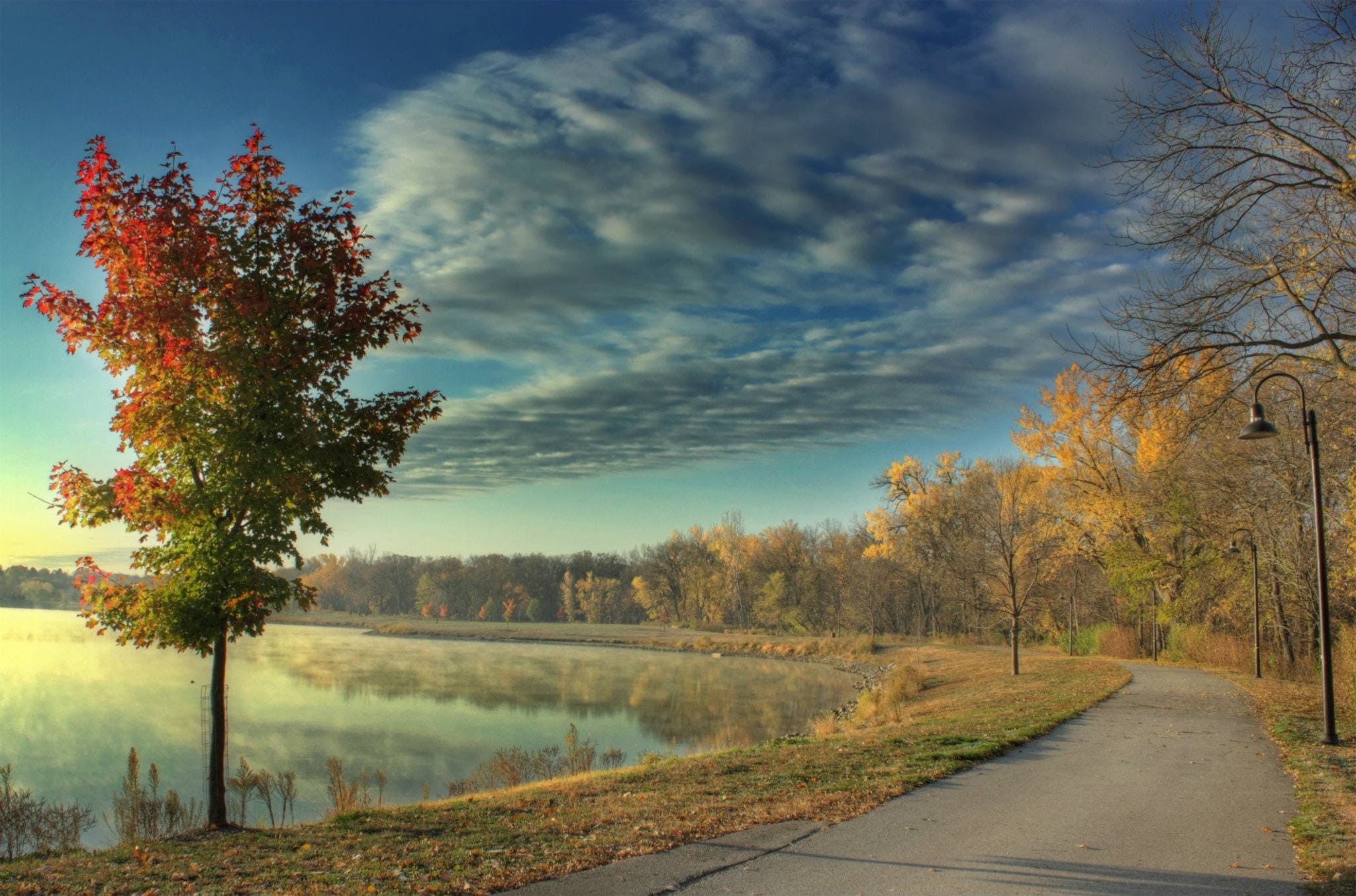 yellow, day, cloud - sky, tree, nature, beauty In Nature, creek, scenics, Creek, tranquil Scene, sky, lake, fall, Lake, landscapes, no People, pleasant hill, HD Wallpaper