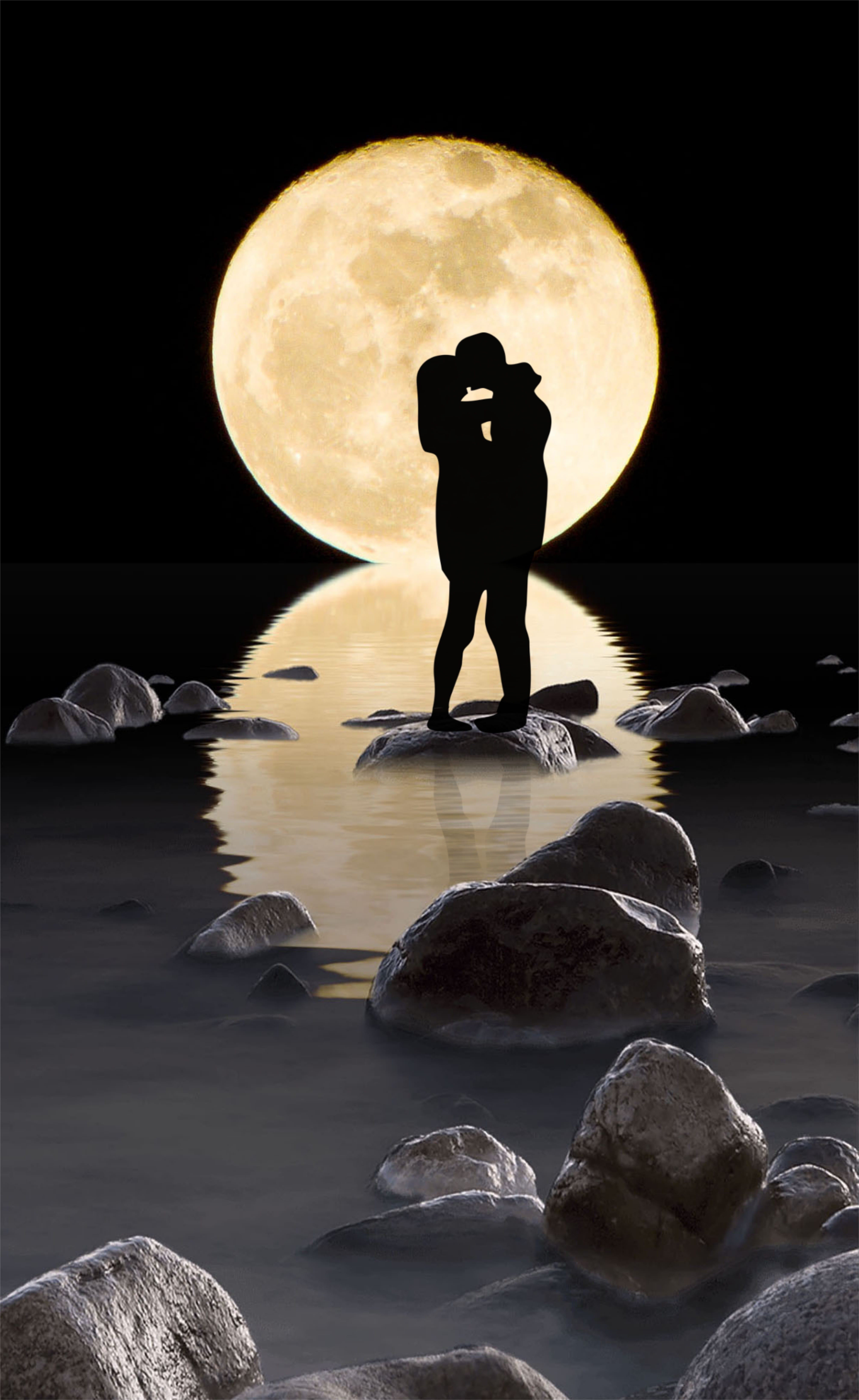 silhouette, solid, kiss, digital composite, woman, real people, man, full length, moon, water, beauty in nature, men, romantic, couple, reflection, one person, Phone HD Wallpaper