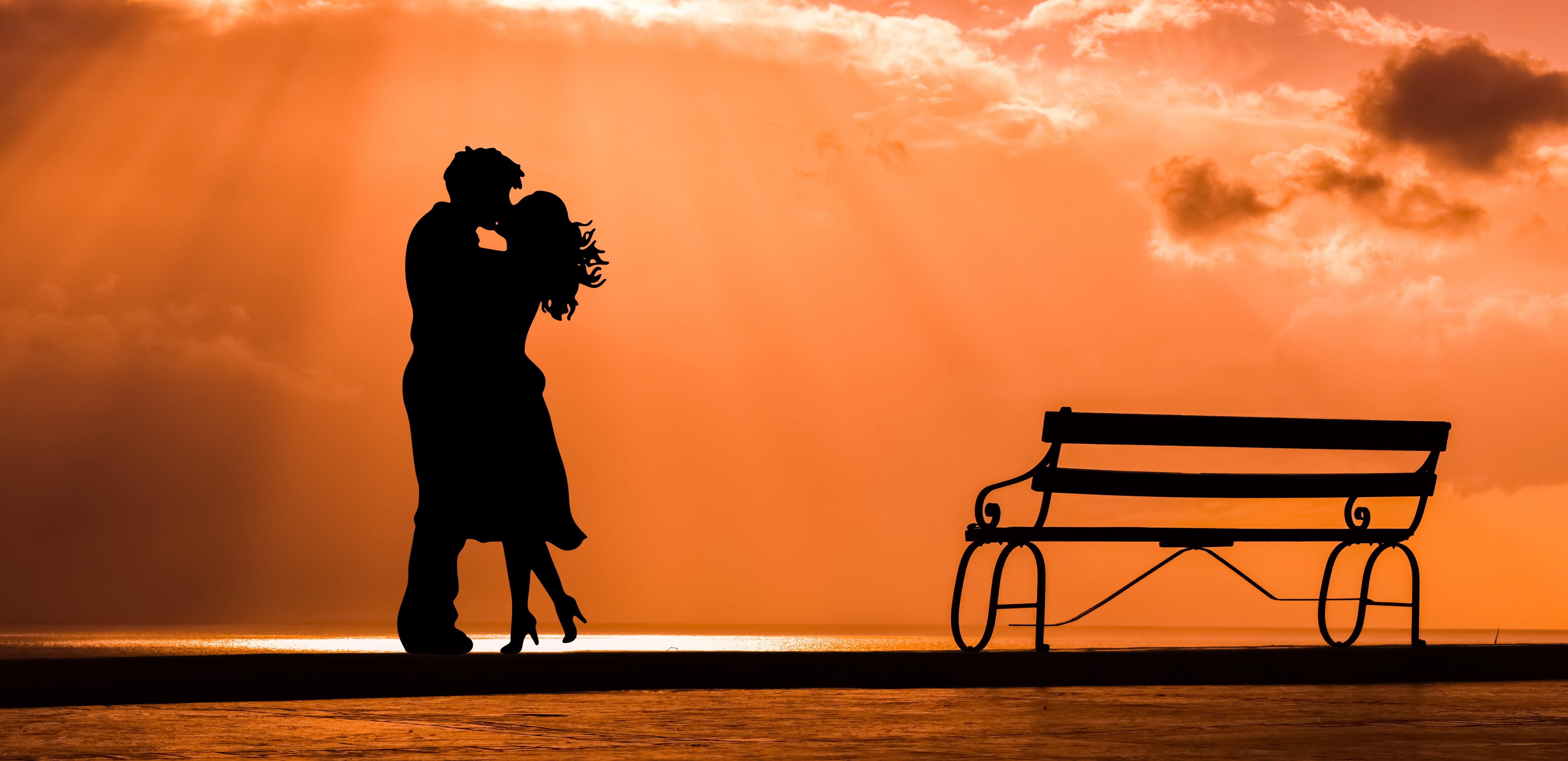 silhouette, dusk, lifestyles, people, bench, 5K, adult, two people, water, seat, sea, couple, chair, full length, woman, females, love, clouds, nature, HD Wallpaper