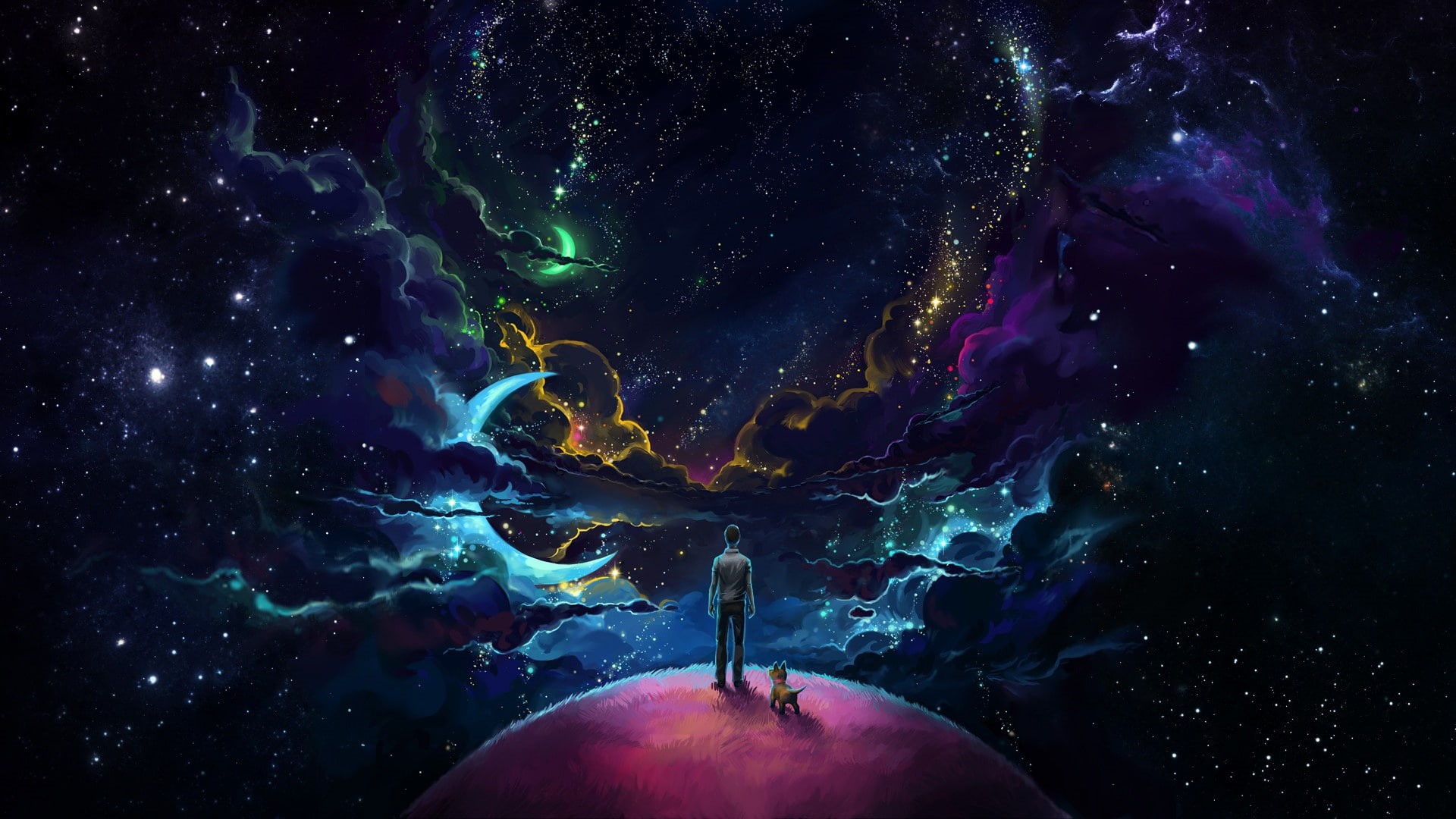 Man And Dog And Neon Space, 1080P, dog, people, the sky, HD Wallpaper