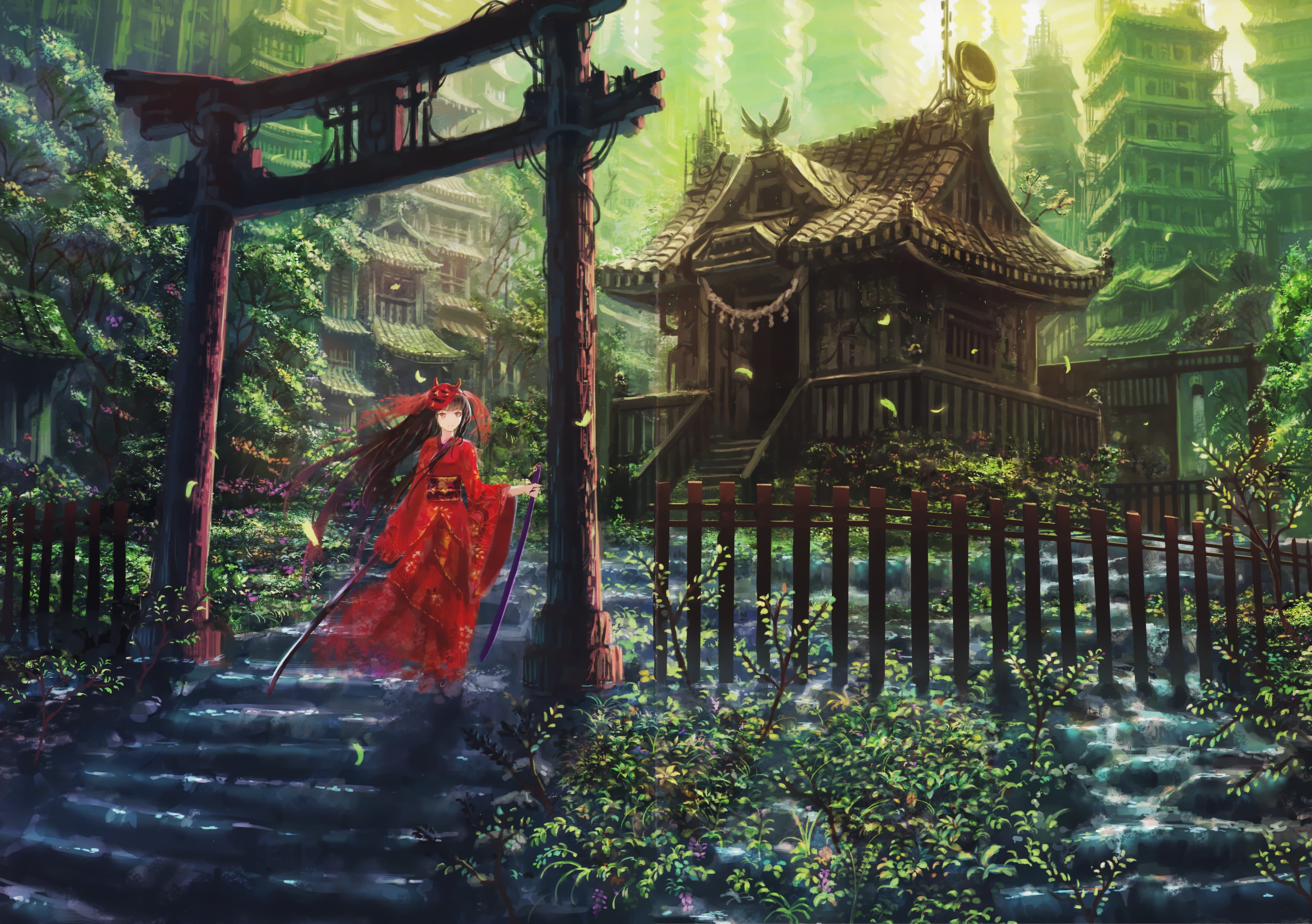 cityscape, 4K, Honden, one person, real people, fantasy art, outdoors, belief, torii, building, anime girls, plant, sculpture, spirituality, religion, HD Wallpaper
