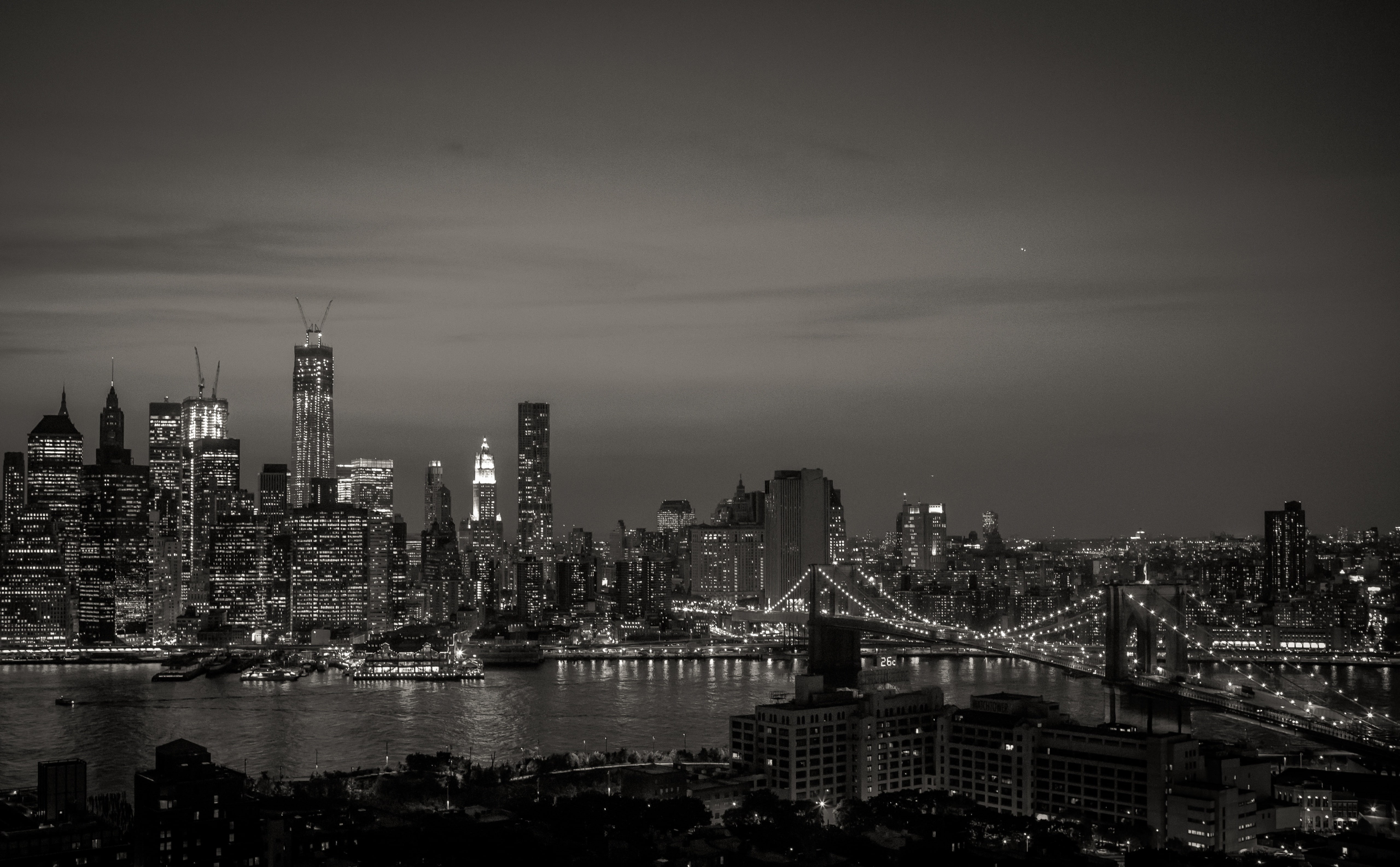nature, gray, new, black, newyorkcity, Black and White, Manhattan, sky, tall - high, newyork, office building exterior, water, built structure, landscape, HD Wallpaper