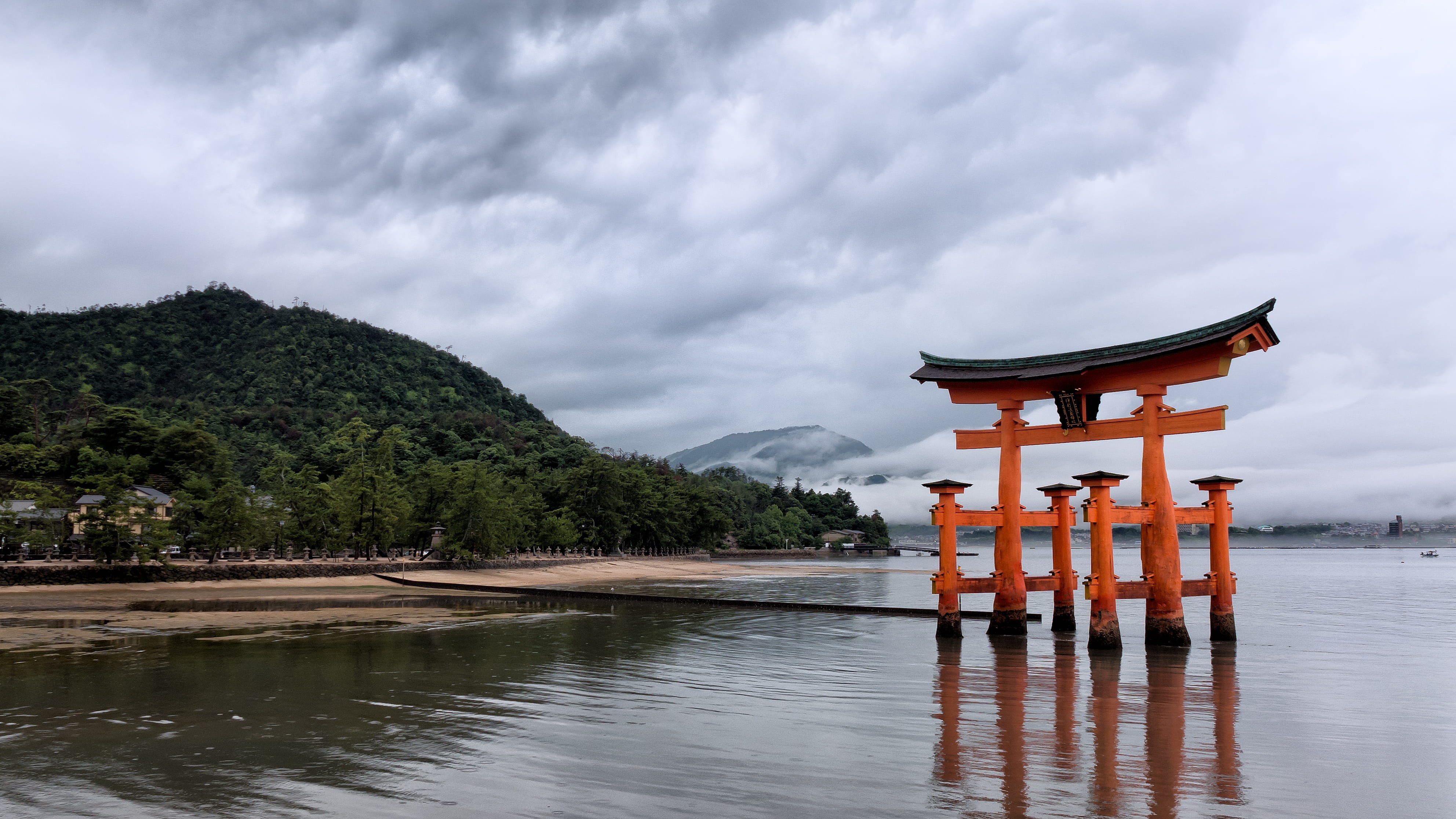 torii, spirituality, waterfront, sky, religion, built structure, water, 4K, place of worship, tranquility, beauty in nature, itsukushima, architecture, HD Wallpaper