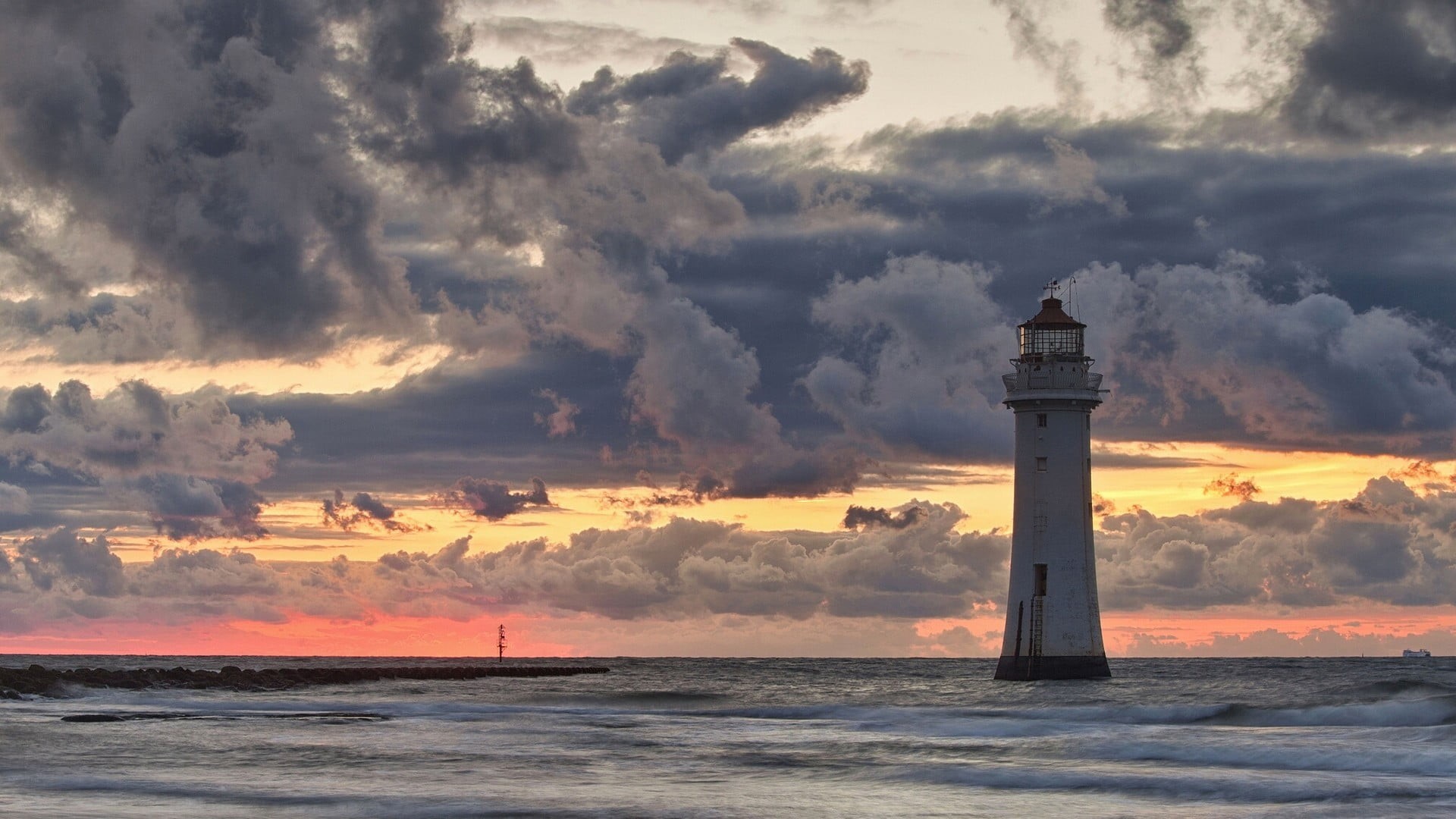beauty in nature, horizon, direction, wooden, sea, coast, nature, sunset, 1080P, tower, brown, lighthouse, building, rock, beach, house, black, waves, HD Wallpaper