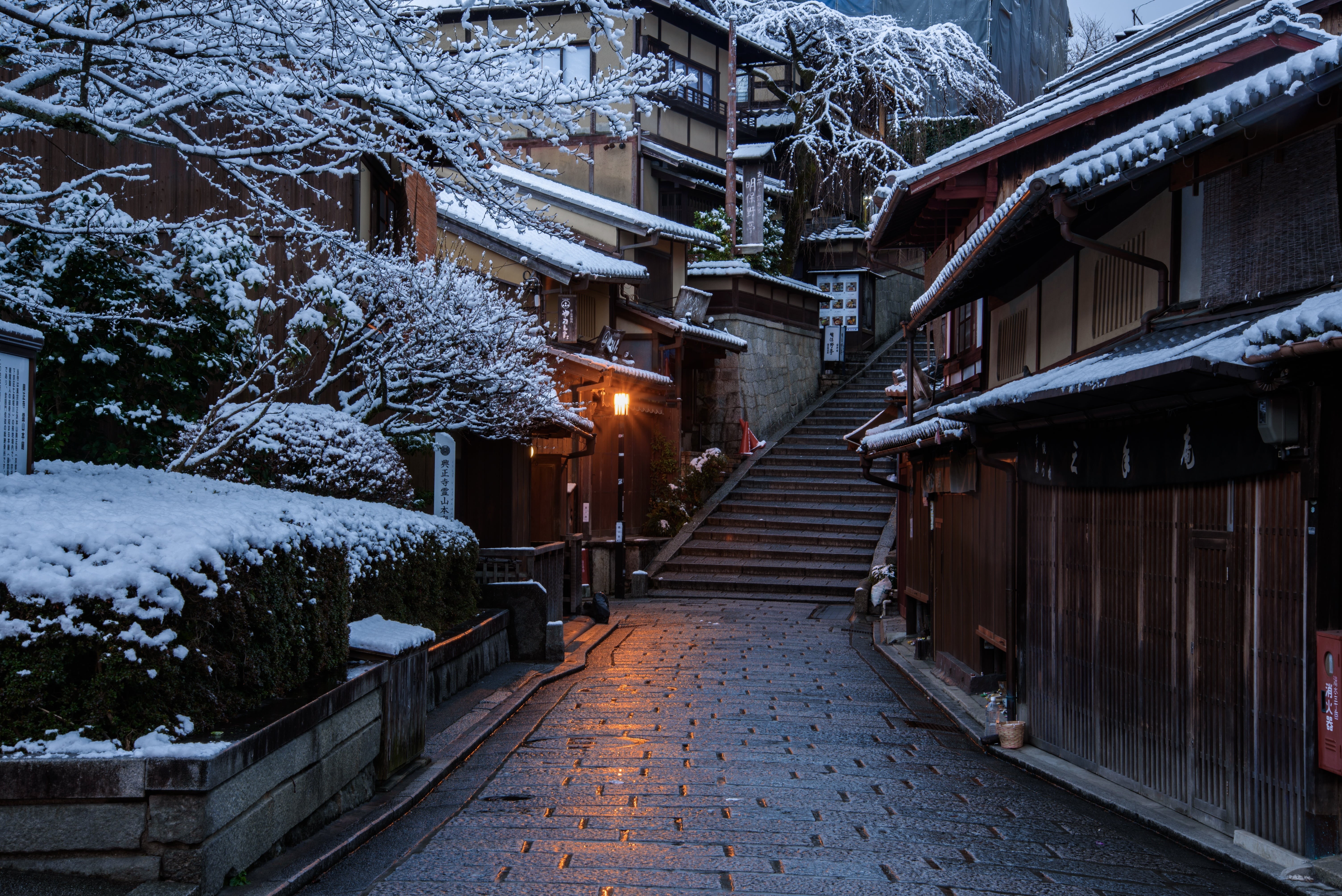 5K, Kyoto, Snow, Winter, Street, The city, Road, Ladder, Japan, Home, HD Wallpaper