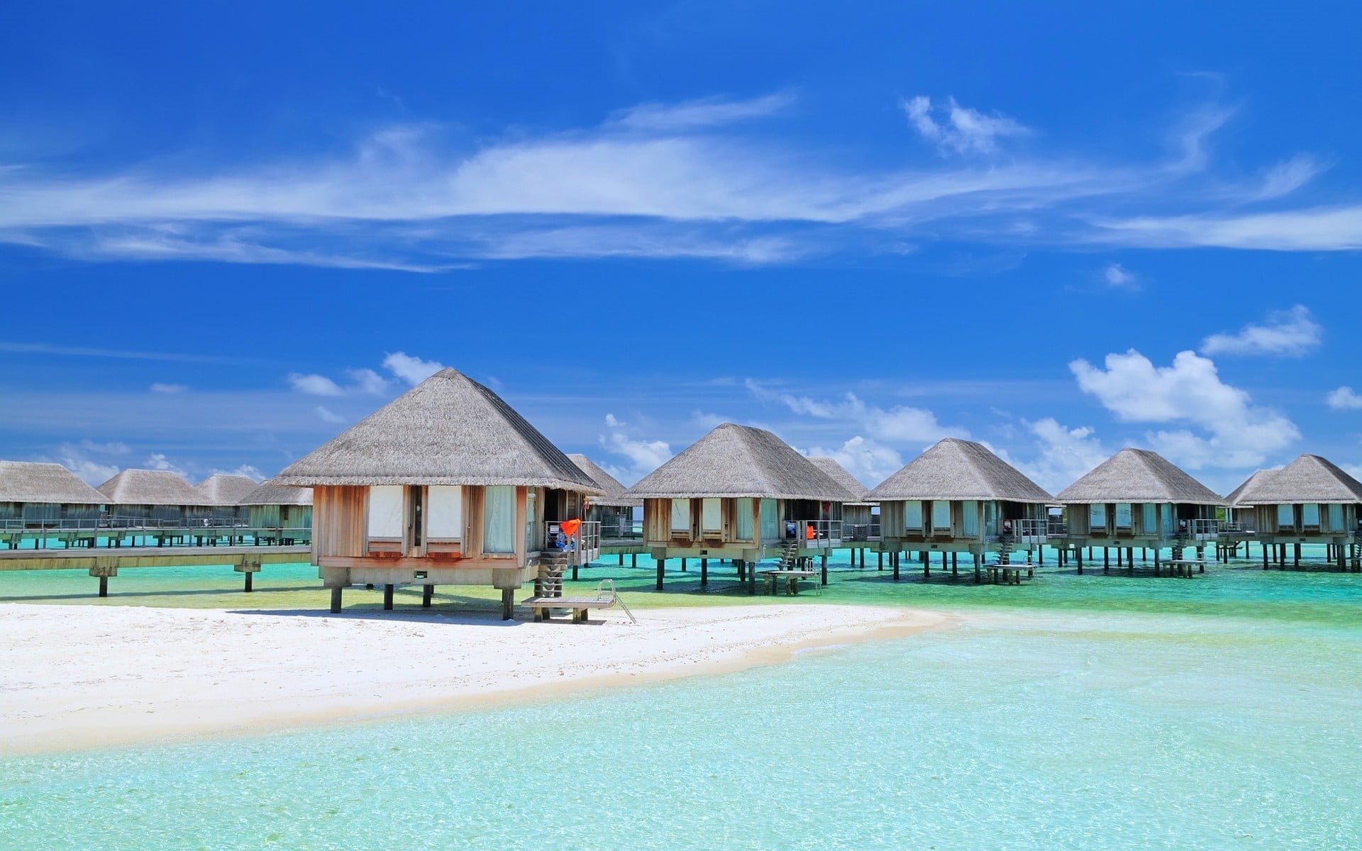 nature, beach, summer, roof, outdoors, turquoise colored, tranquil scene, no people, architecture, house, thatched roof, building, brown, 1080P, swimming pool, HD Wallpaper