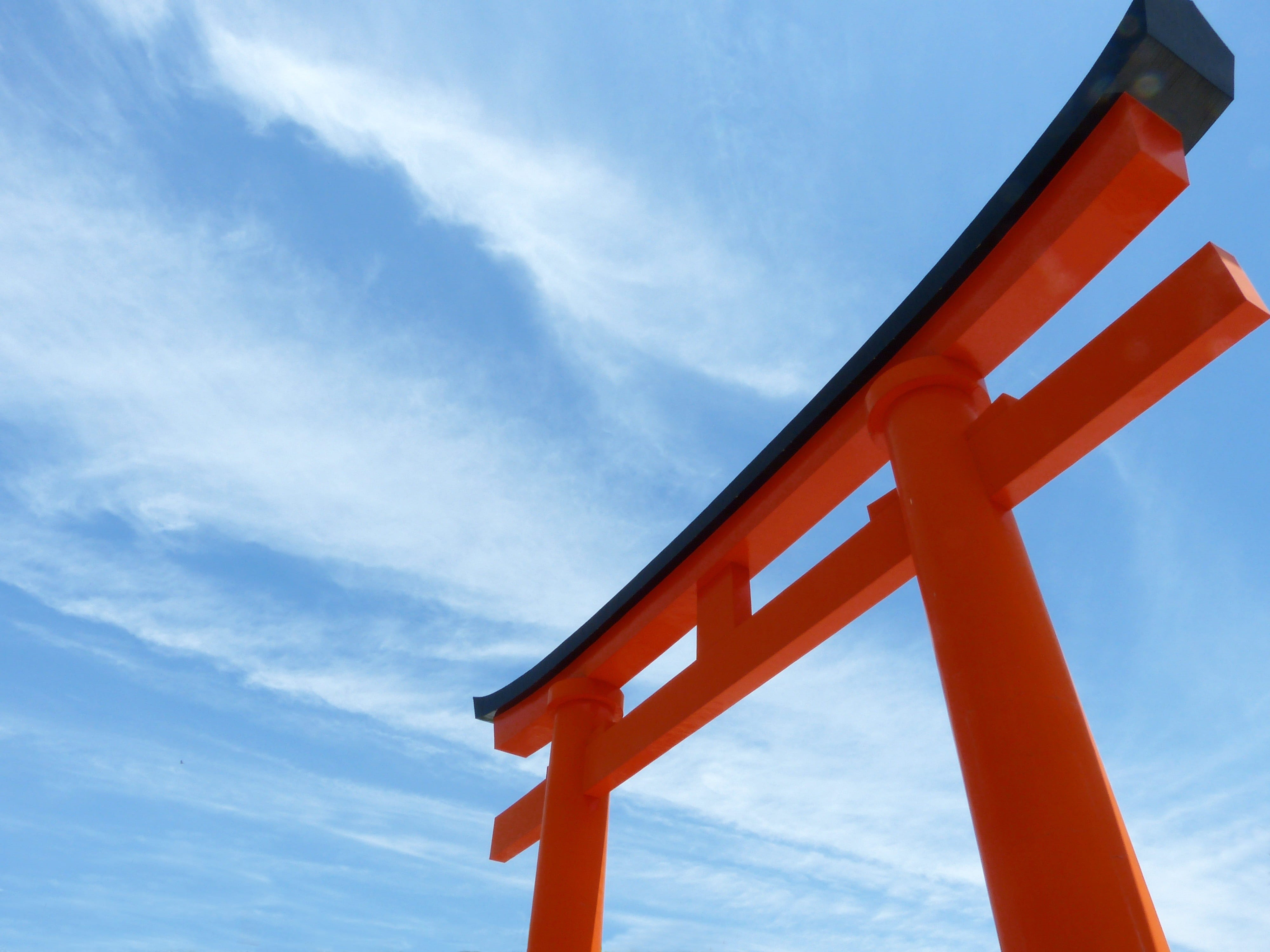 angle, low, low angle view, entrance, transportation, travel, kyoto prefecture, japan, no people, orange color, 4K, blue, cloud - sky, sky, gate, nature, HD Wallpaper