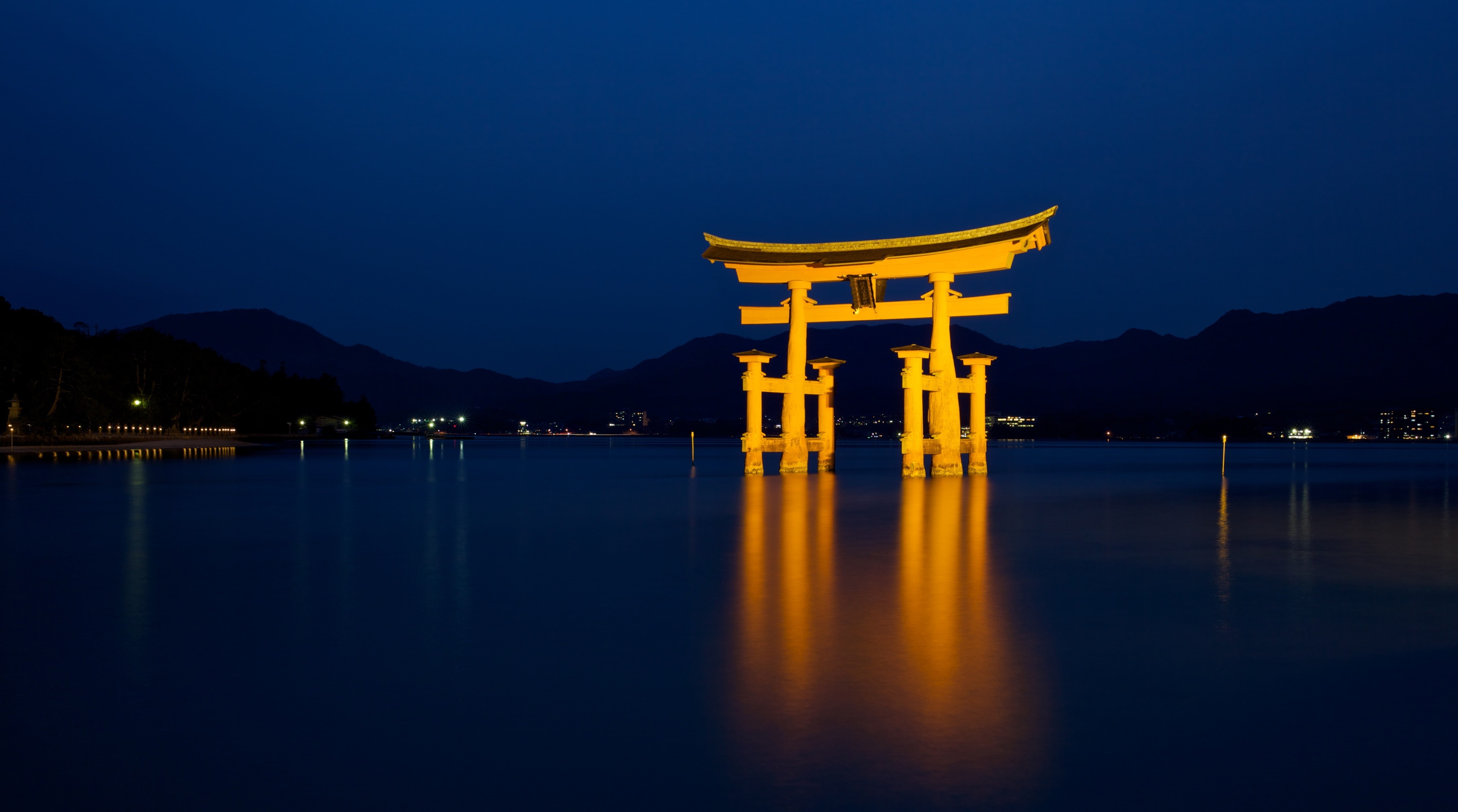 Shrine, nature, Water, cultural, illuminated, touristattraction, 5K, Night, religion, Itsukushima, travel destinations, Japan, building exterior, architecture, HD Wallpaper