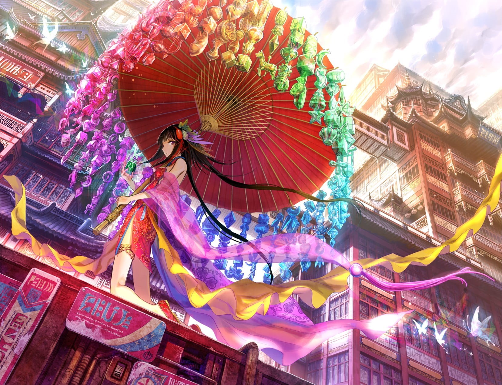 sky, 720P, low angle view, art and craft, fantasy girl, long hair, Fuji Choko, umbrella, leisure activity, character, celebration, built structure, HD Wallpaper
