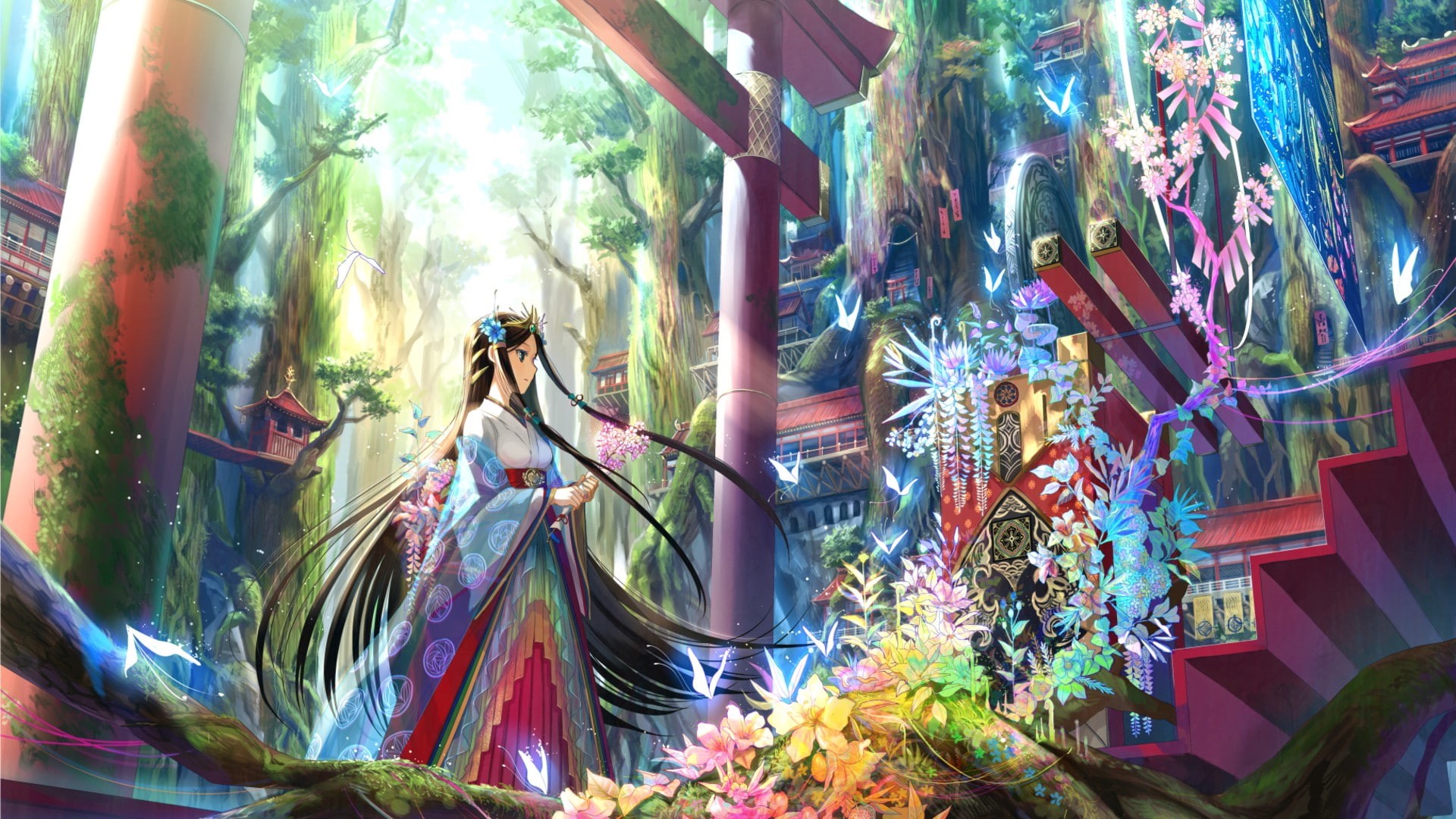 blue eyes, forest, long hair, tiaras, landscape, Fuji Choko, miko, trees, sunlight, manga, fantasy girl, lotus flowers, 1080P, kimono, stairs, nature, HD Wallpaper