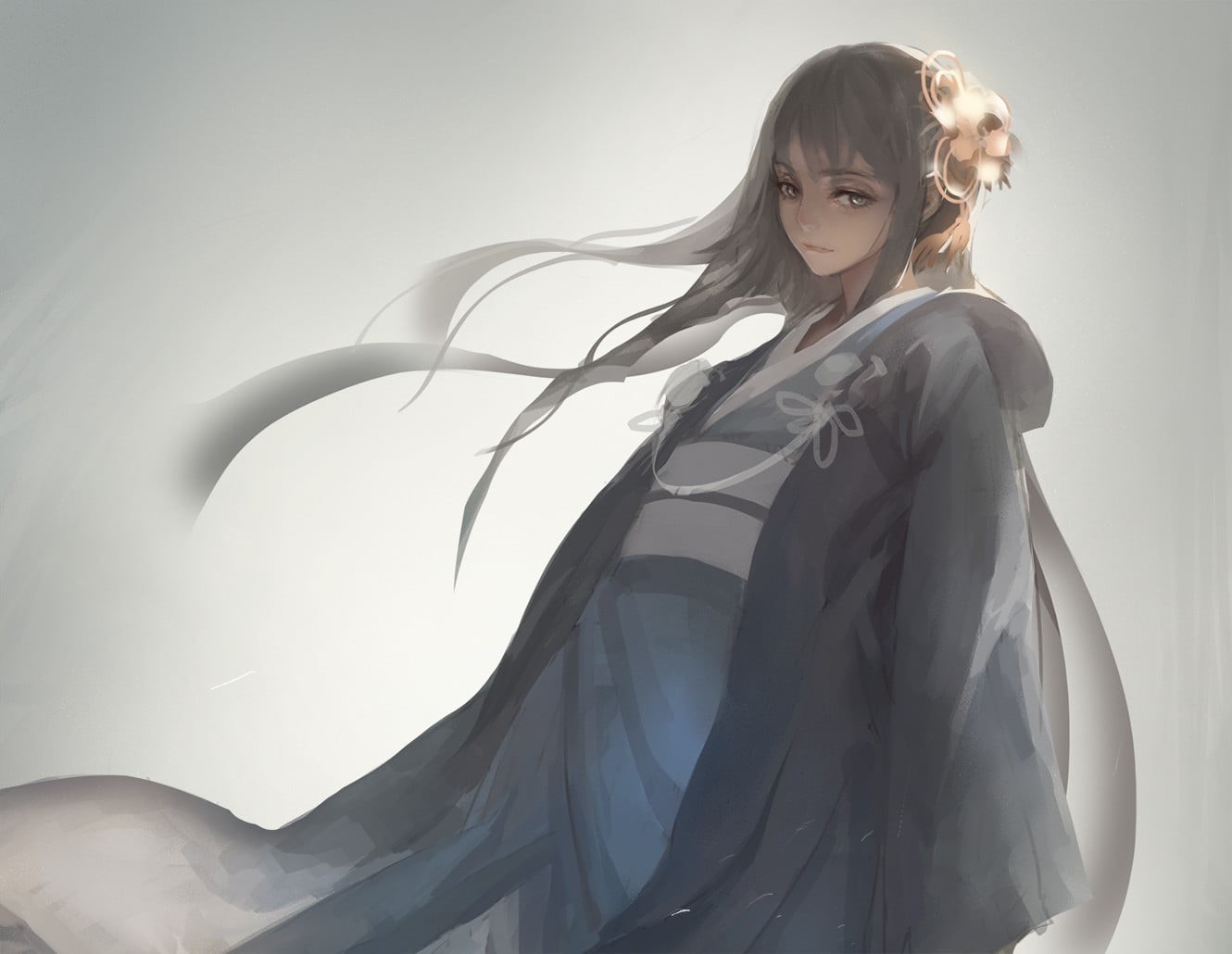 three quarter length, beautiful woman, Japanese clothes, fantasy girl, hair, 720P, looking at camera, front view, young adult, anime girls, long hair, HD Wallpaper