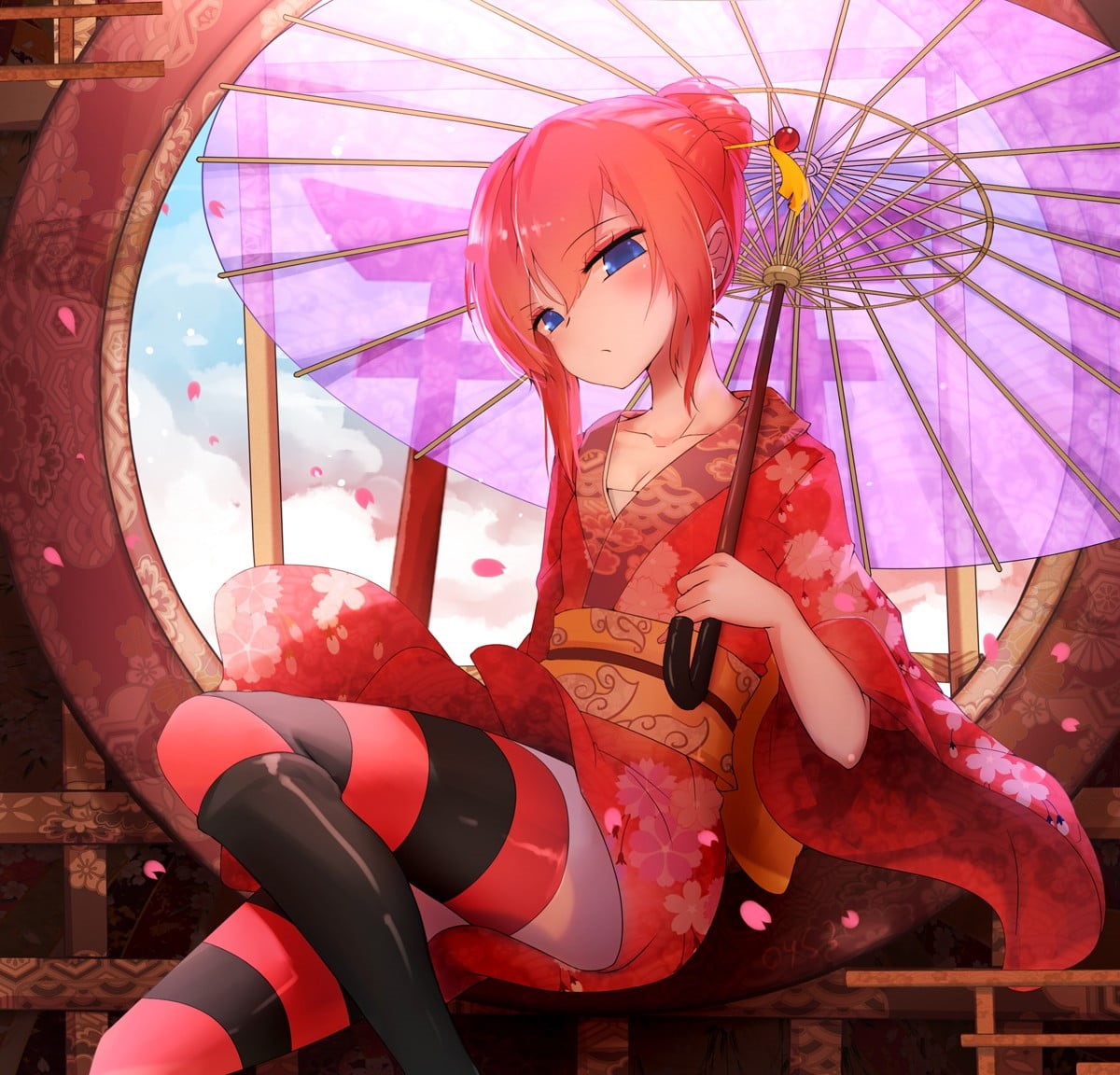 anime girls, outdoor play equipment, Japanese umbrella, Gintama, representation, human representation, pink, outdoors, ceiling, mask, red, multi colored, HD Wallpaper