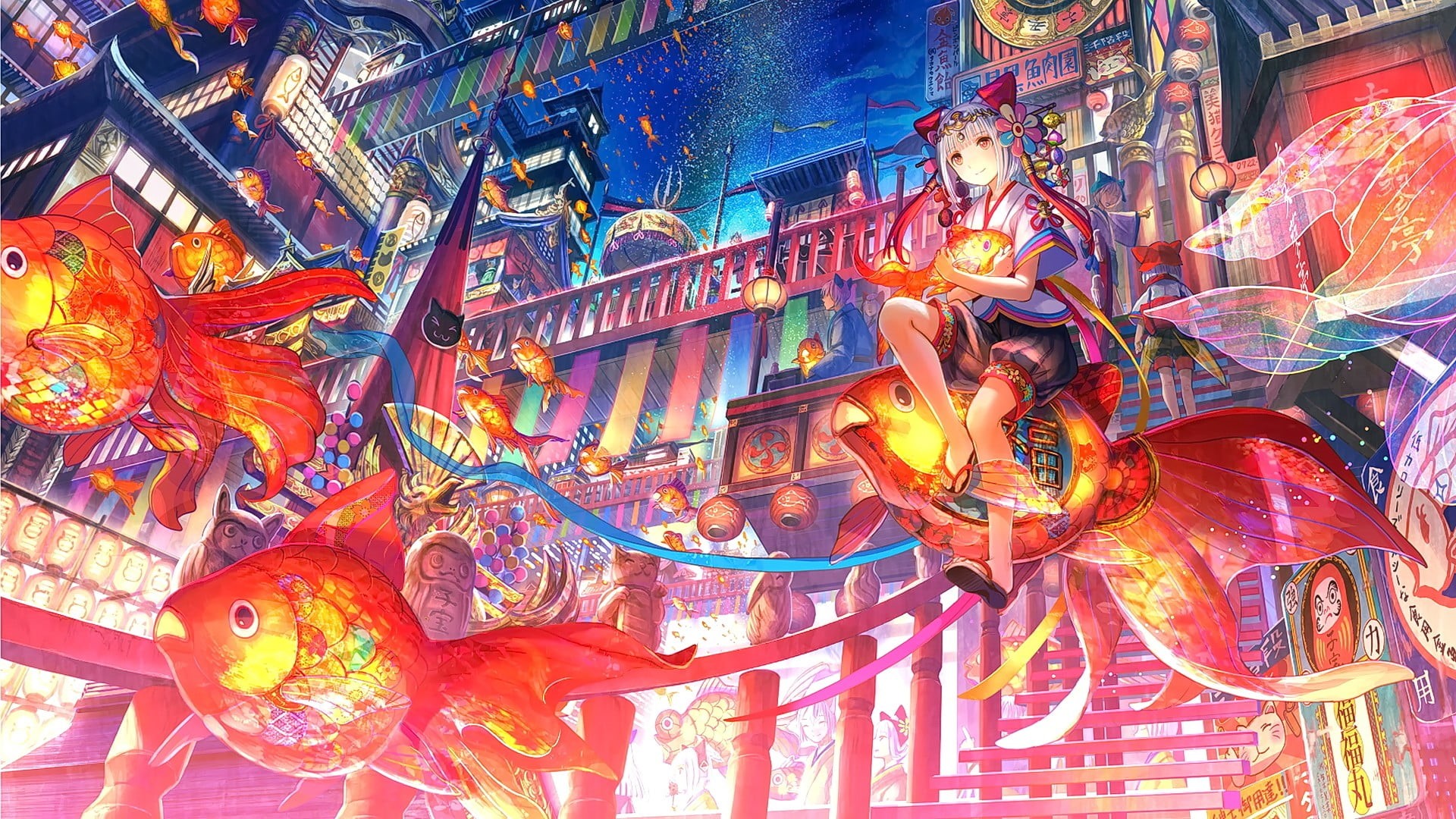 outdoors, building, low angle view, Asian architecture, night, representation, art and craft, sky, creativity, architecture, original characters, Japan, HD Wallpaper