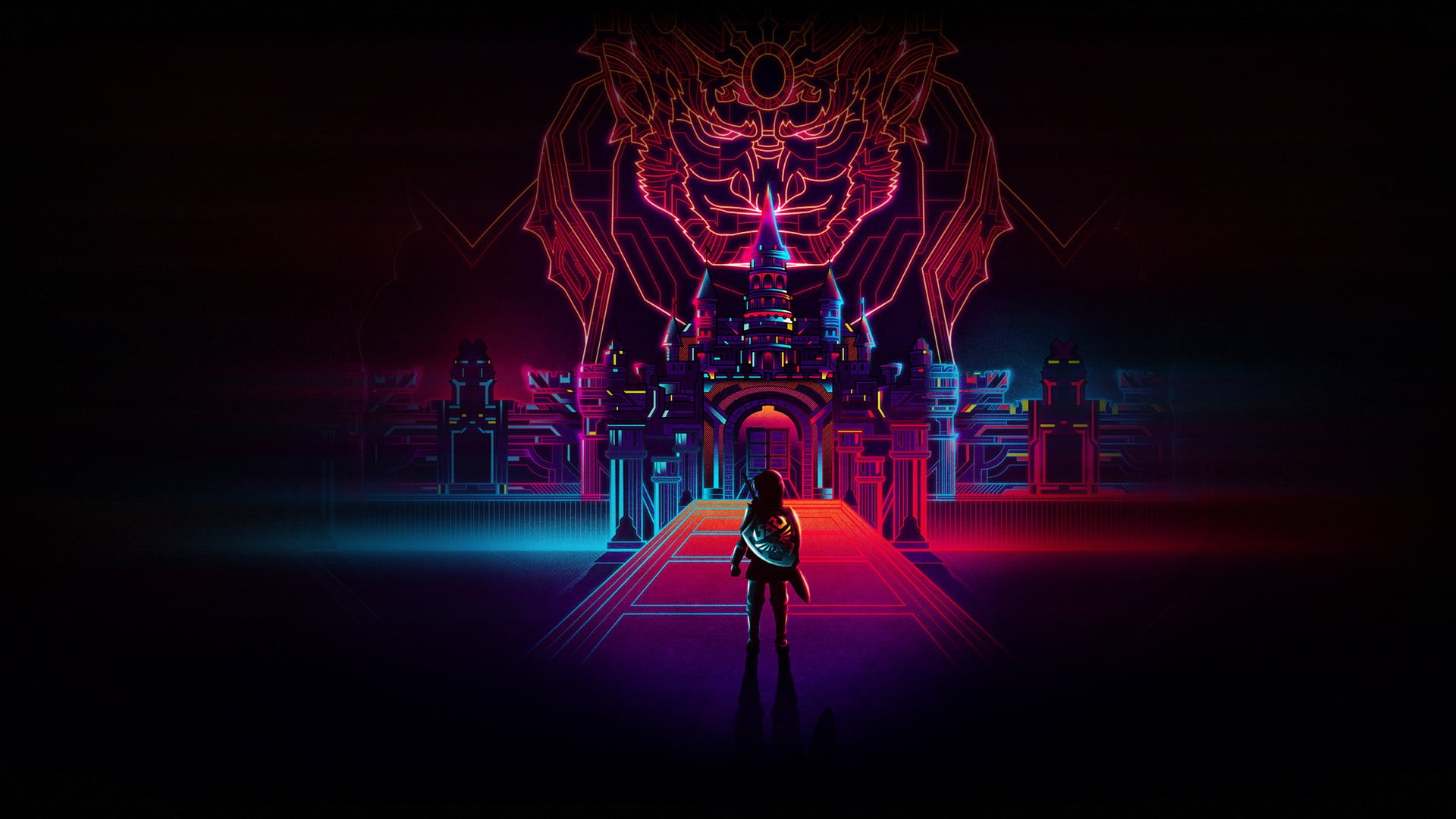 people, 1080P, illuminated, design, leisure activity, city, lighting equipment, music, Hylian Shield, built Structure, illustration, black background, HD Wallpaper