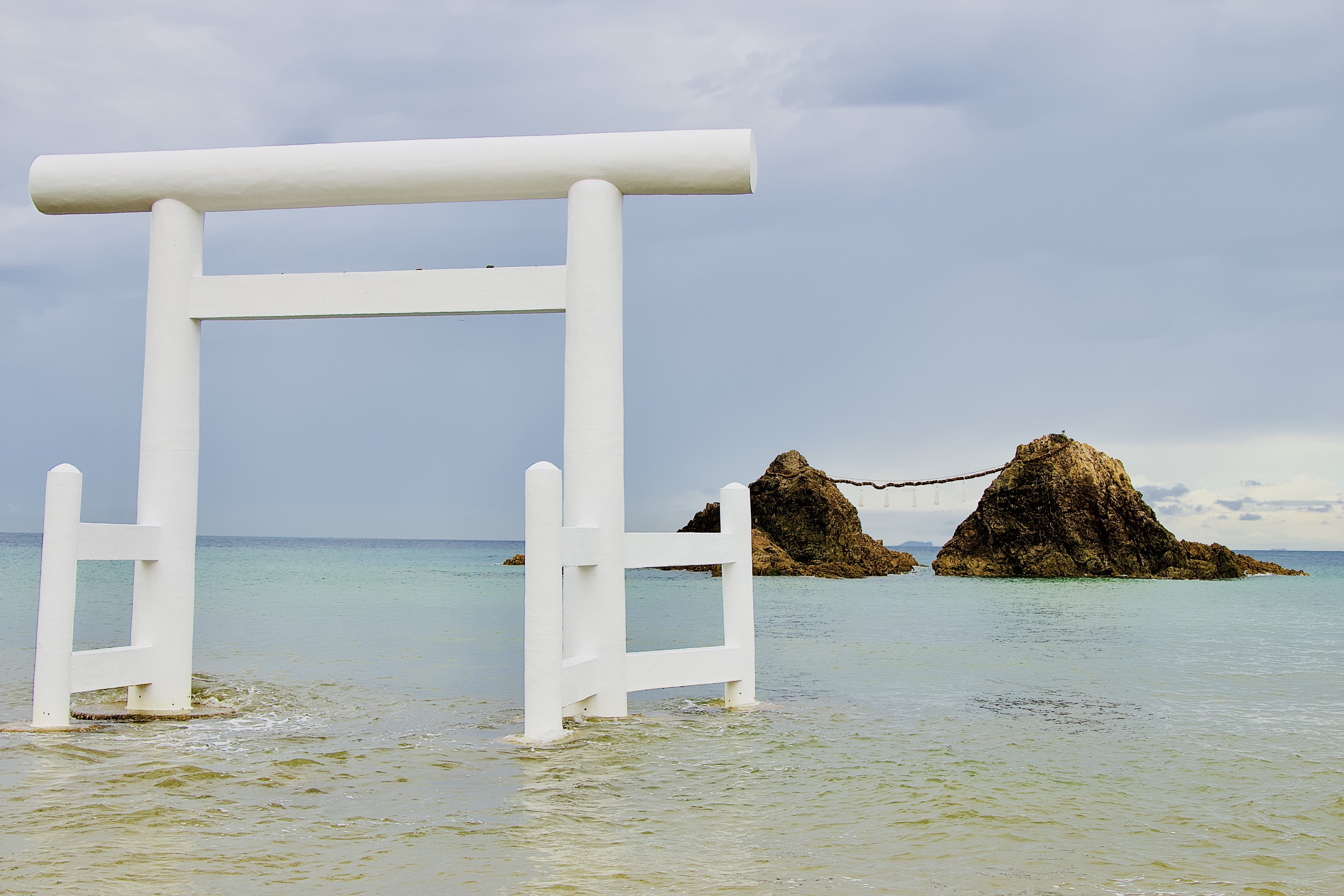 waterfront, fukuoka prefecture, nature, beauty in nature, japan, coast, water, column, tranquility, ocean, gate, soil, 5K, day, torii, cloud - sky, outdoors, HD Wallpaper