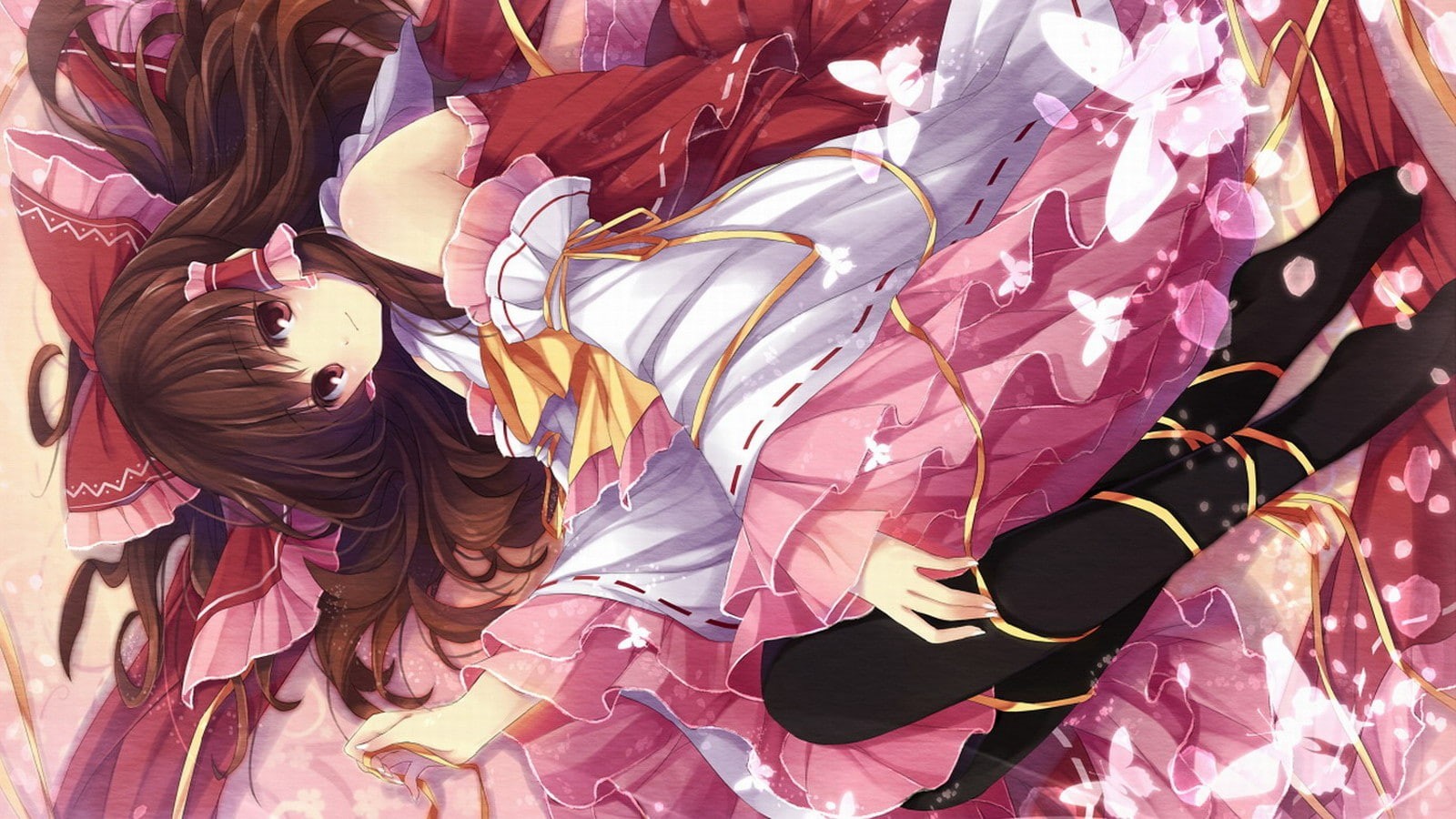 Hakurei Reimu, event, crumpled, pattern, anime girls, Touhou, festival, indoors, sunlight, 720P, clothing, high angle view, full frame, lifestyles, pink color, HD Wallpaper