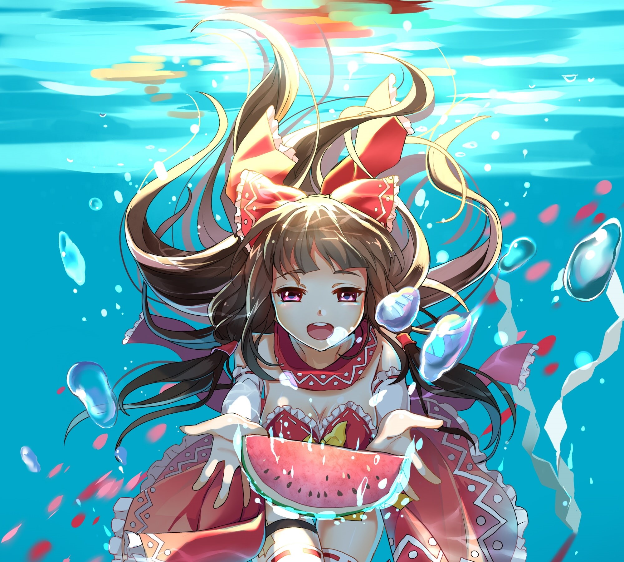 anime, 1080P, Hakurei Reimu, Touhou, watermelons, anime girls, water, HD Wallpaper